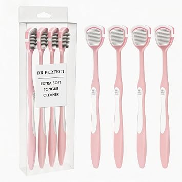 DR PERFECT Soft Tongue Brush Scraper Cleaner Helps Fight Bad Breath Clean Your Tongue Without Hurt Pack Of 4 Pink