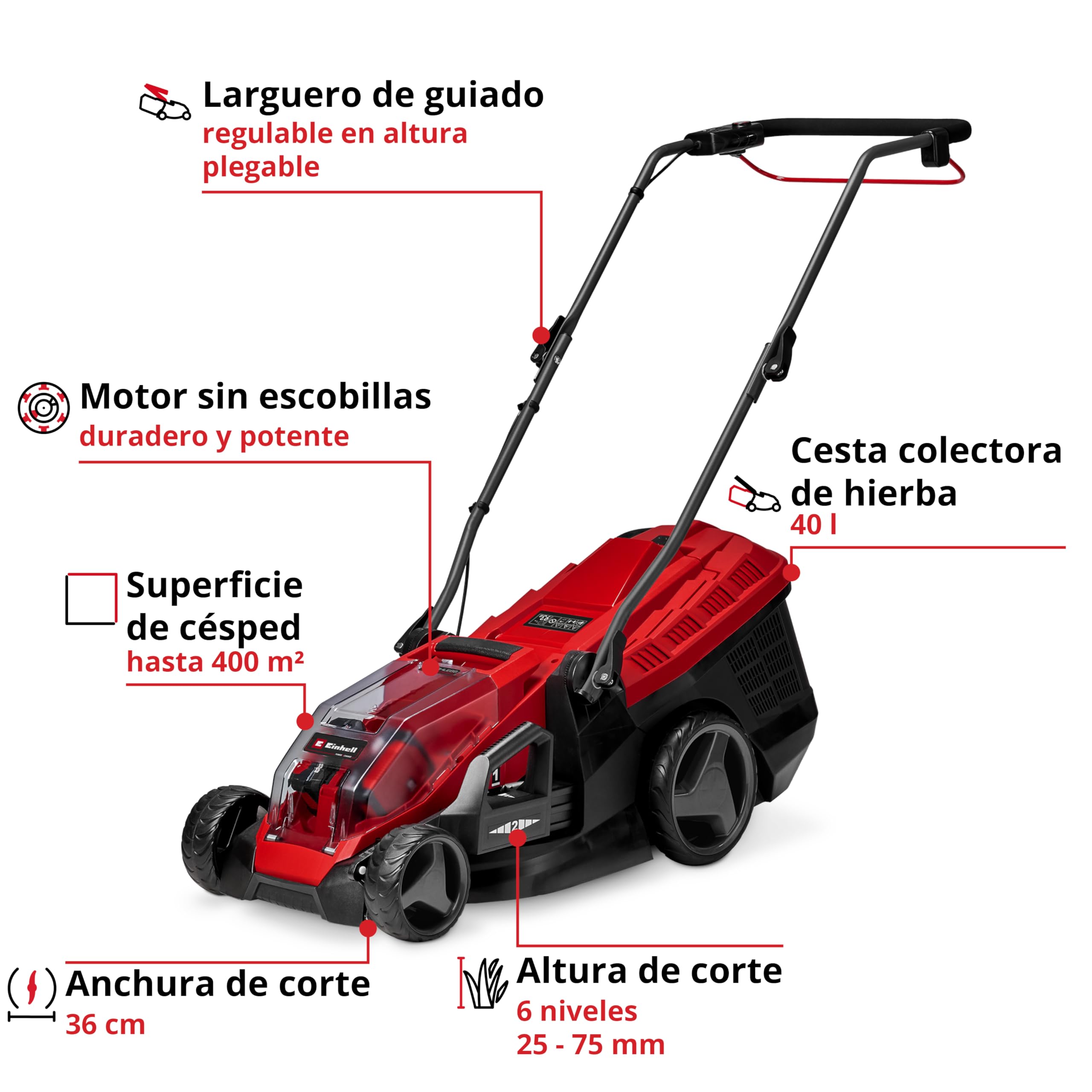 Einhell Cortacésped a batería GE-CM 36/36 Li Kit Power X-Change (36V, 36cm ancho de corte, hasta 400 m², Brushless, 40L bolsa recolectora, 25-75 mm altura de corte, con 2x4,0 Ah batería y 2x cargador)