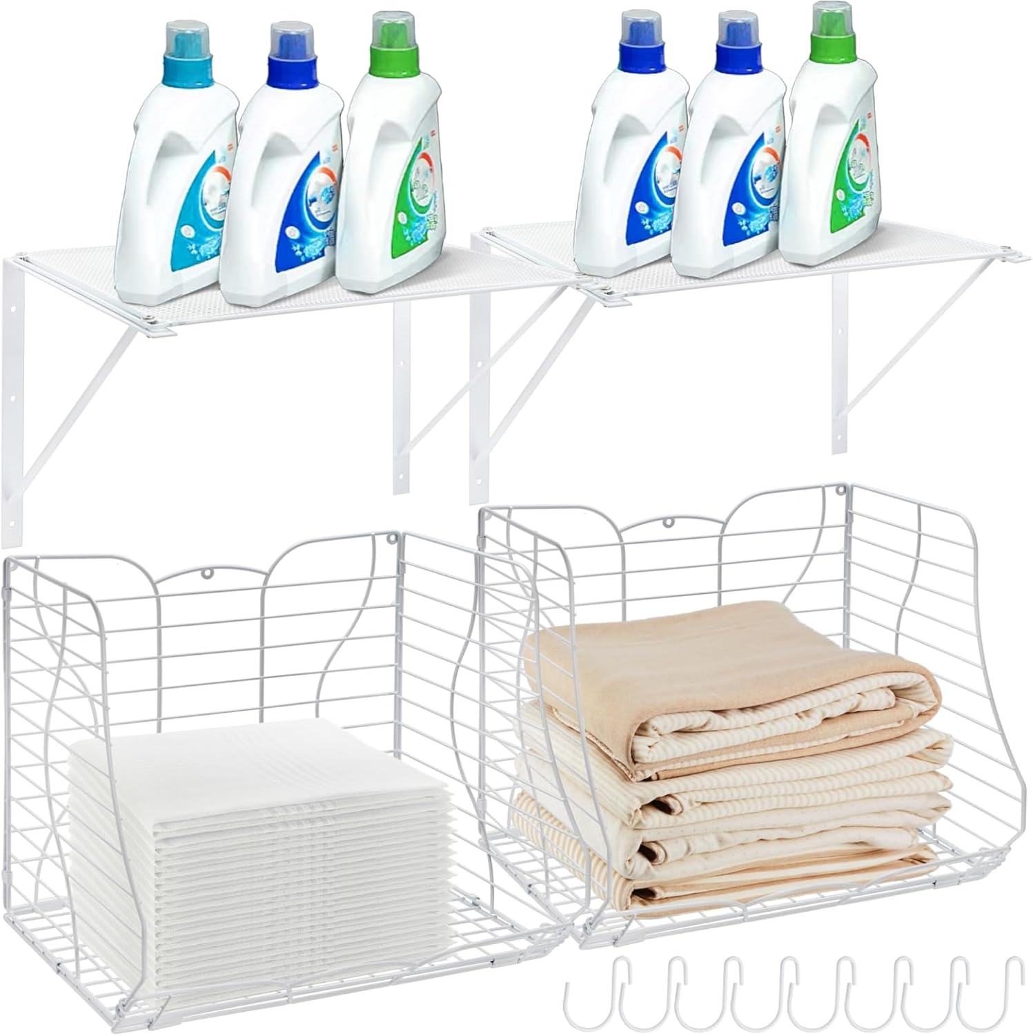Goaste 2 Pack Laundry Room Shelves with Wire Baskets, Wall Mounted Over the Washer and Dryer Rack with 8 Hooks, Hanging Clothes Drying Storage Rack Baskets for Closet, Laundry Storage and Organization Goaste 2 Pack Laundry Room Shelves with Wire Baskets, Wall Mounted Over the Washer and Dryer Rack with 8 Hooks, Hanging Clothes Drying Storage Rack Baskets for Closet, Laundry Storage and Organization