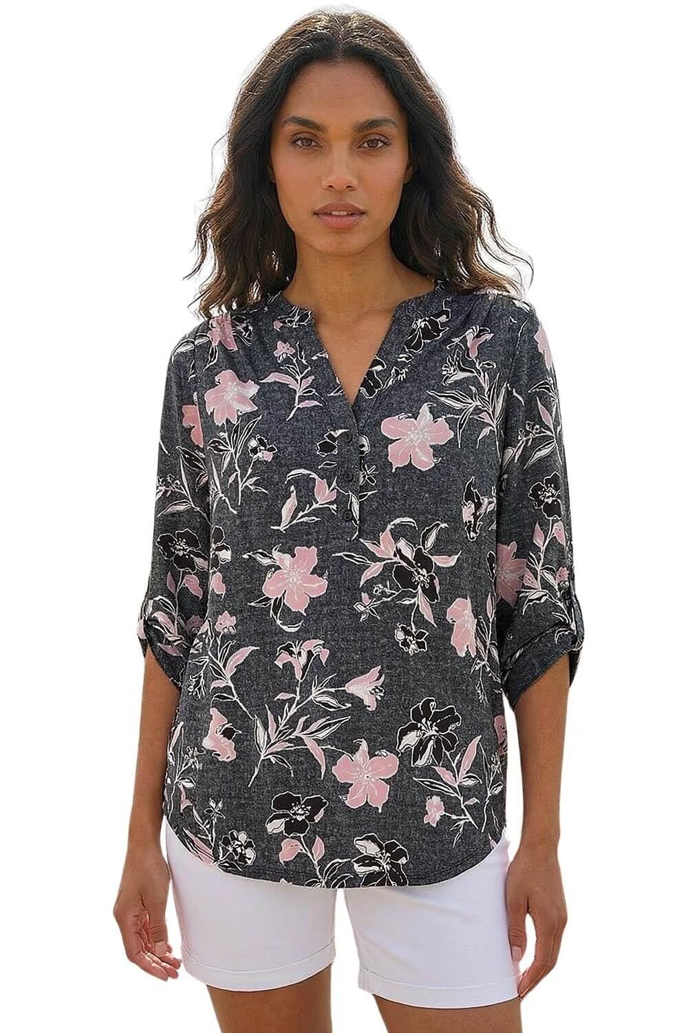 Roman Shirt for Women UK Ladies Top Collarless Blouse Stretchy Tunic Smart Casual Autumn Winter Jersey 3/4 Length Sleeve Notch V Neck Flattering Office Work
