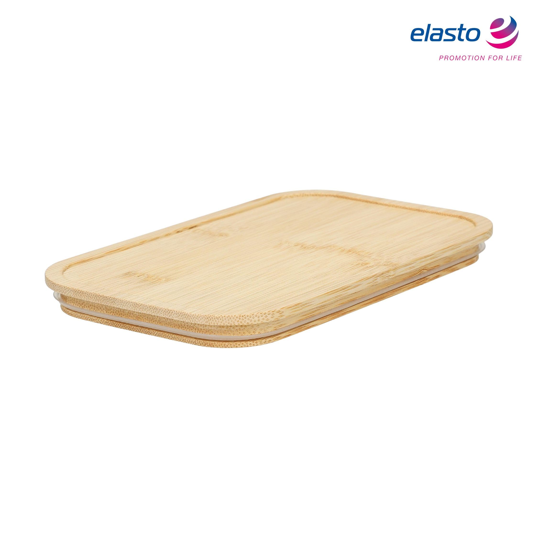 elasto PROMOTION FOR LIFE Sagano - Envase para Alimentos, Contenedor de Alimentos, Tarro de Acero Inoxidable con Tapa de Bambú y Pinza de Sujeción (1,0 L), Color Plateado y Natural