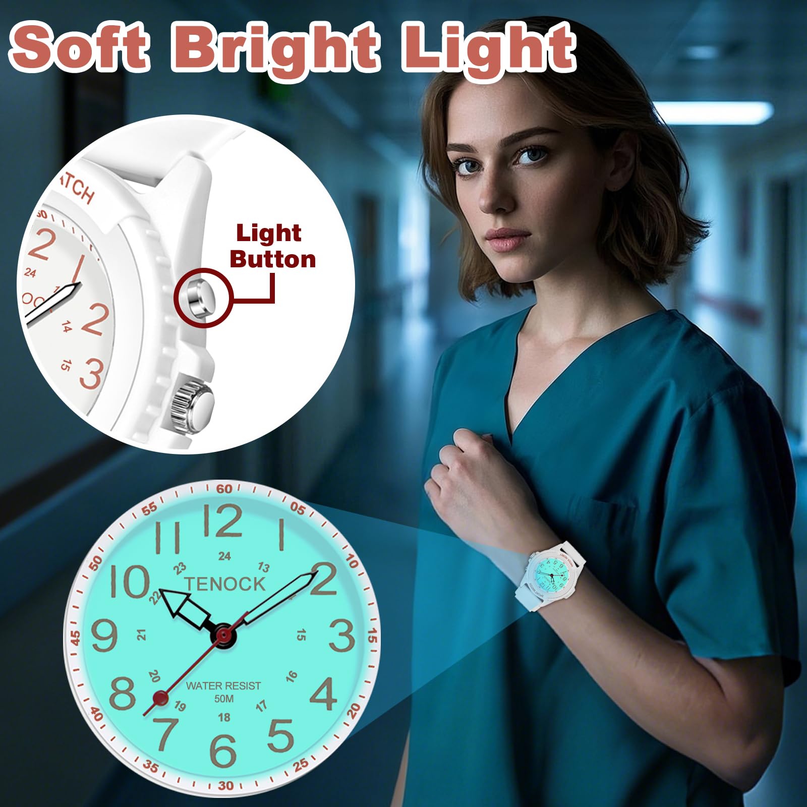 Waterproof Nurse Watch for Medical Professionals Students Women Men, Night Light, 12/24 Hour Military Time Easy to Read Dial, Second Hand Watch for Nursing Day Gifts