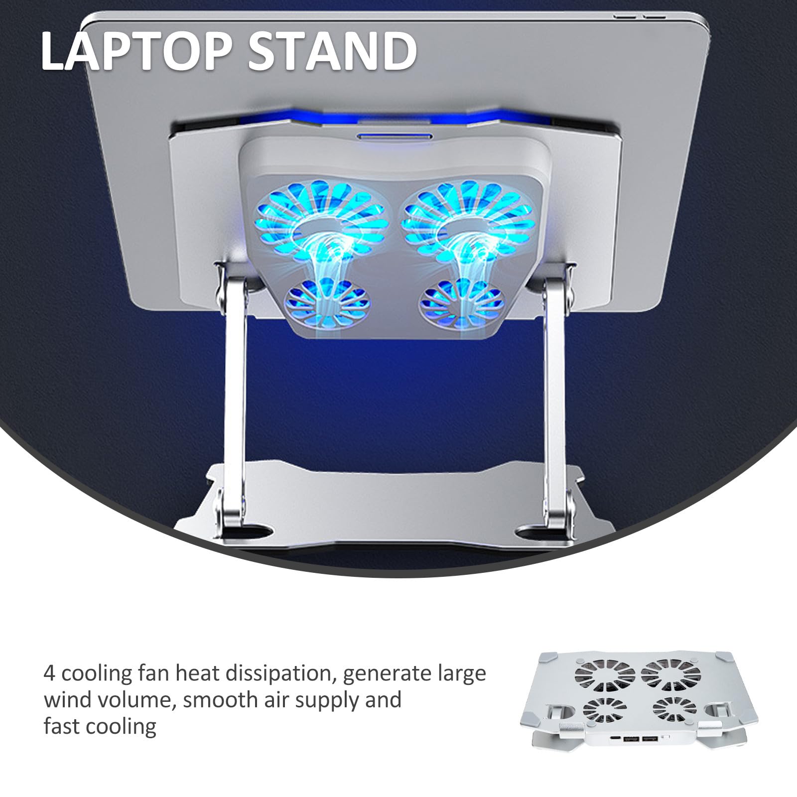 SHINEOFI Supporto per Laptop Regolabile in Altezza e Angolo 4 Ventole di Raffreddamento Silenziose, Struttura in Metallo Argento per Ufficio e Casa