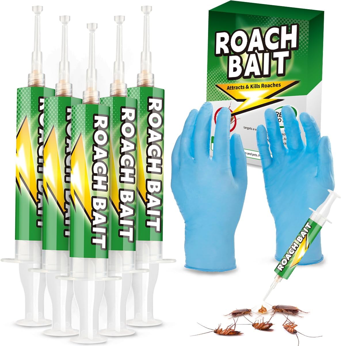 Roach Gel Bait 5 Pack - Fast-Acting Indoor Cockroach Infestation Killer for Indoor Pest Control, Targets German American Oriental Roaches, Includes Gloves and Applicator