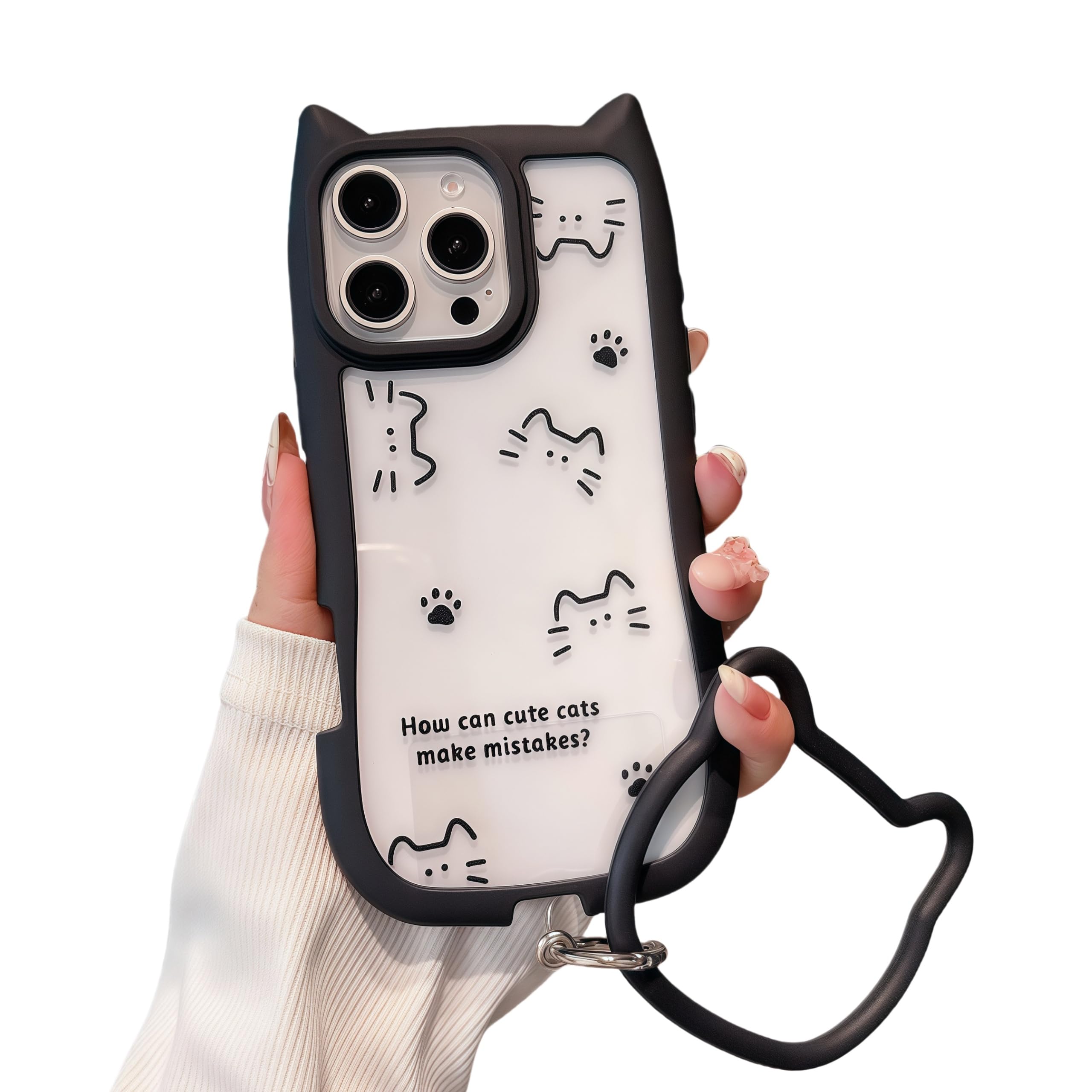 FXFOOT for iPhone 16 Case, [Black Cute Cat Ears] [2-in-1 with Kitty Bracelet] Stylish Print, Soft TPU Shockproof, Gift for Women and Girls
