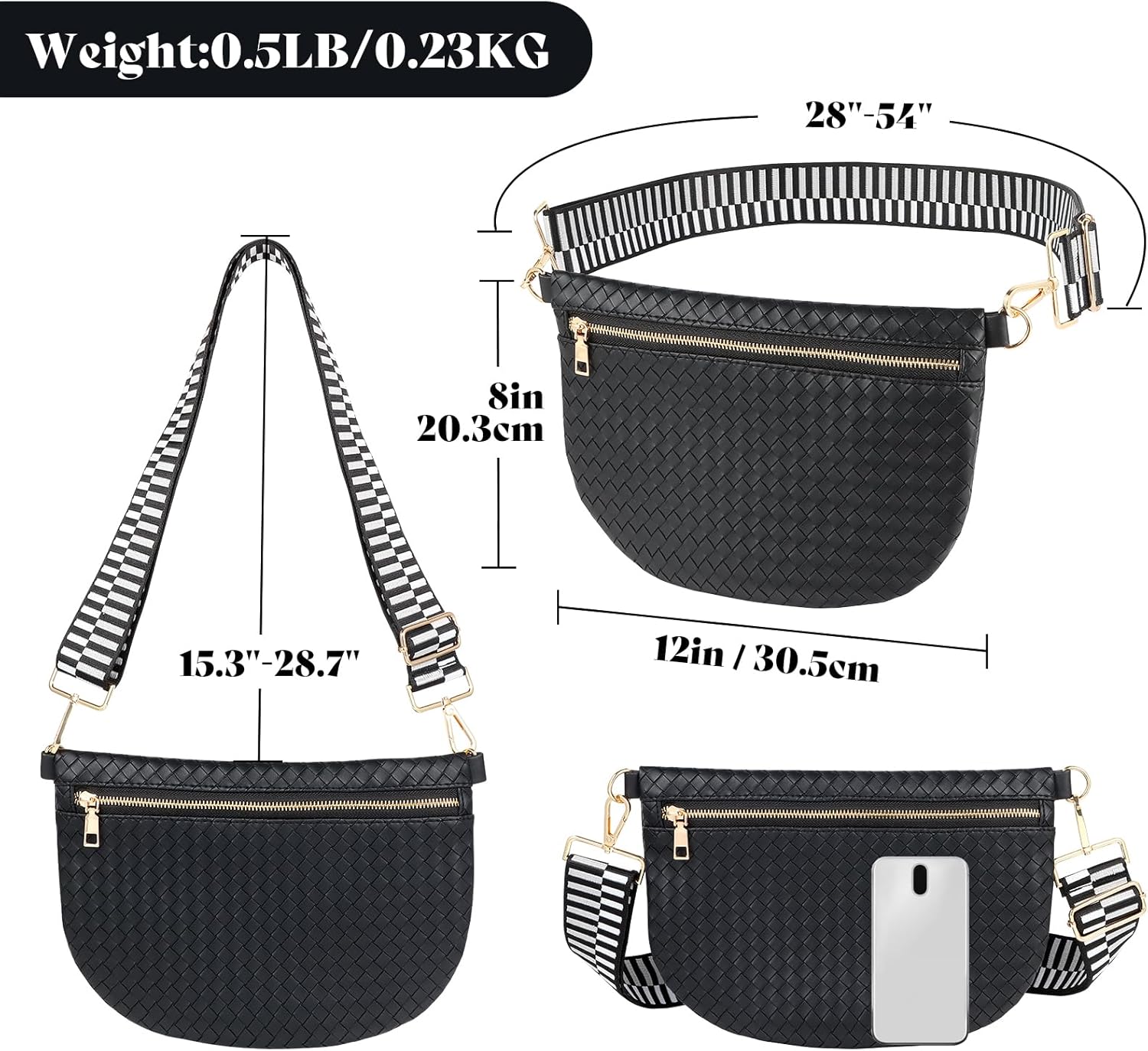 Woven Crossbody Bags for Women Leather Belt Bum Sling Purse Fanny Waist Pack Chest Shoulder Bag for Women-Black - Image 5