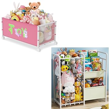 120L Toy Boxes for Kids Extra Large Toy Storage Organizer with Wheels & Handle + 190L Kids Toy Organizer with 3-Tier Bookshelf, Stuffed Animal Zoo Storage with Bins