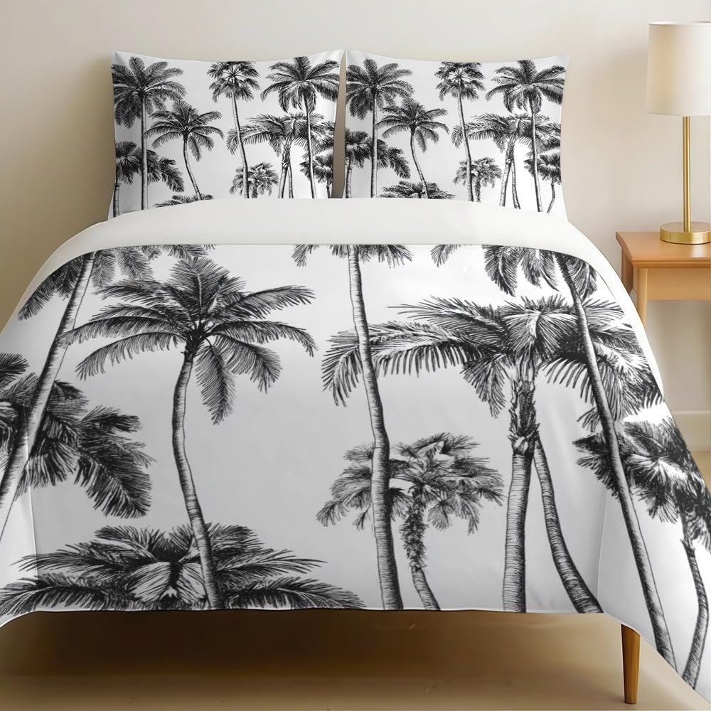Parure de lit palmier abstrait noir 240 x 260 en microfibre douce et anti-plis