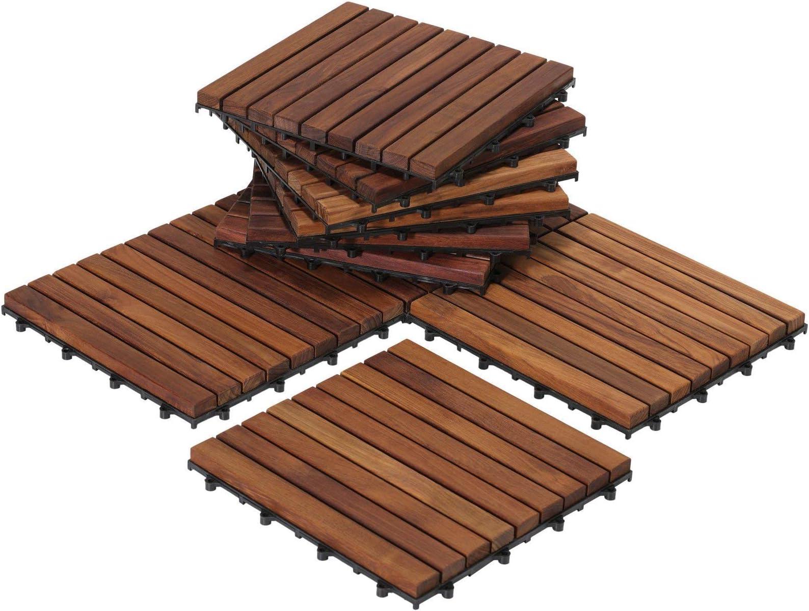 Bare Decor EZ-Floor Interlocking Flooring Tiles in Solid Teak Wood Oiled Finish (Set of 10), Long 9 Slat (Renewed)