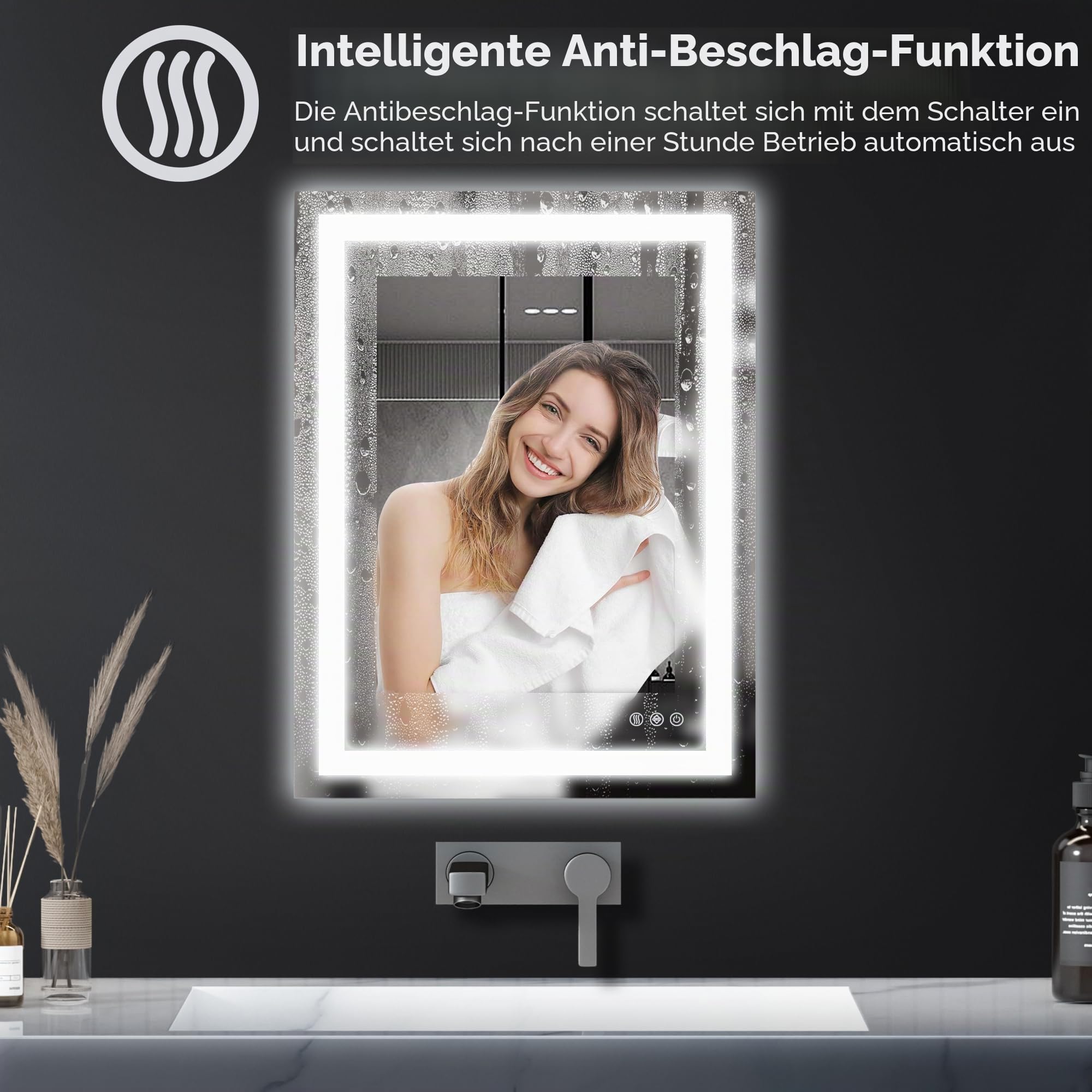 Antok 80x60cm LED Badezimmerspiegel mit Beleuchtung, dimmbarer beschlagfreier Smart-Spiegel mit 3 Farbtemperaturen, hohem CRI >90, Speicherfunktion, bruchsicherem Glas & ETL-Zertifizierung