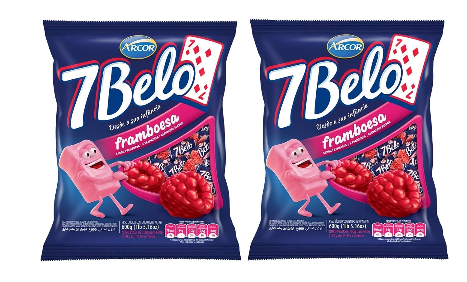 Arcor - 7 Belo Sabor Framboesa - Rasberry Chewable Candy 600 gr. - 2 Pack