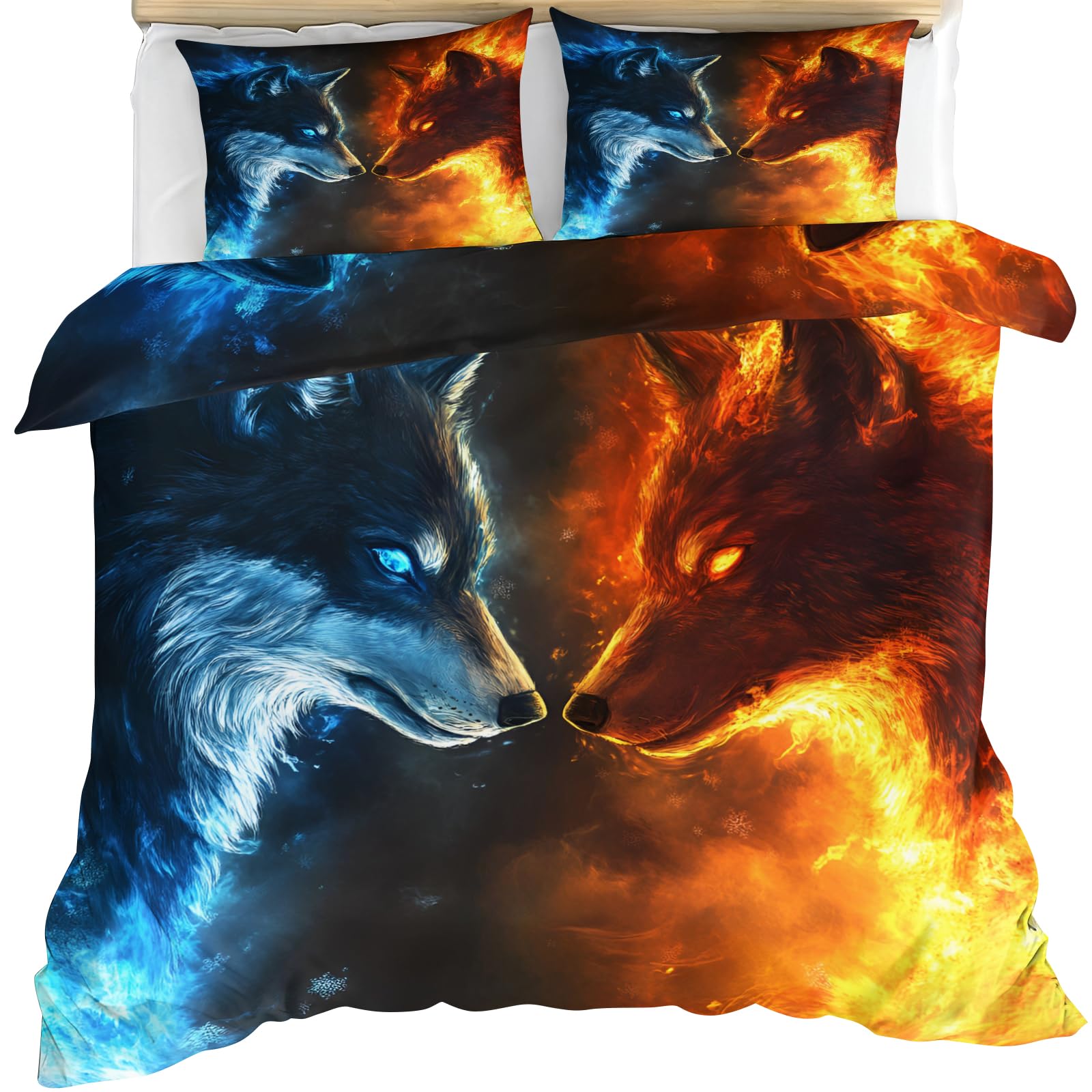 YEMYOR Wolf Comforter Cover, Ice Fire Wolf Duvet Cover 260x220 cm, Fantasy Wildlife Pattern Bedding Set with 2 Pillowcases