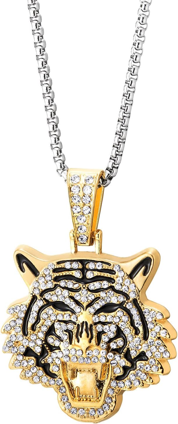 COOLSTEELANDBEYOND Men Gold-Tone Tiger Head Pendant Necklace with Rhinestones and Enamel Detail Statement Hip Hop Chain - Image 3