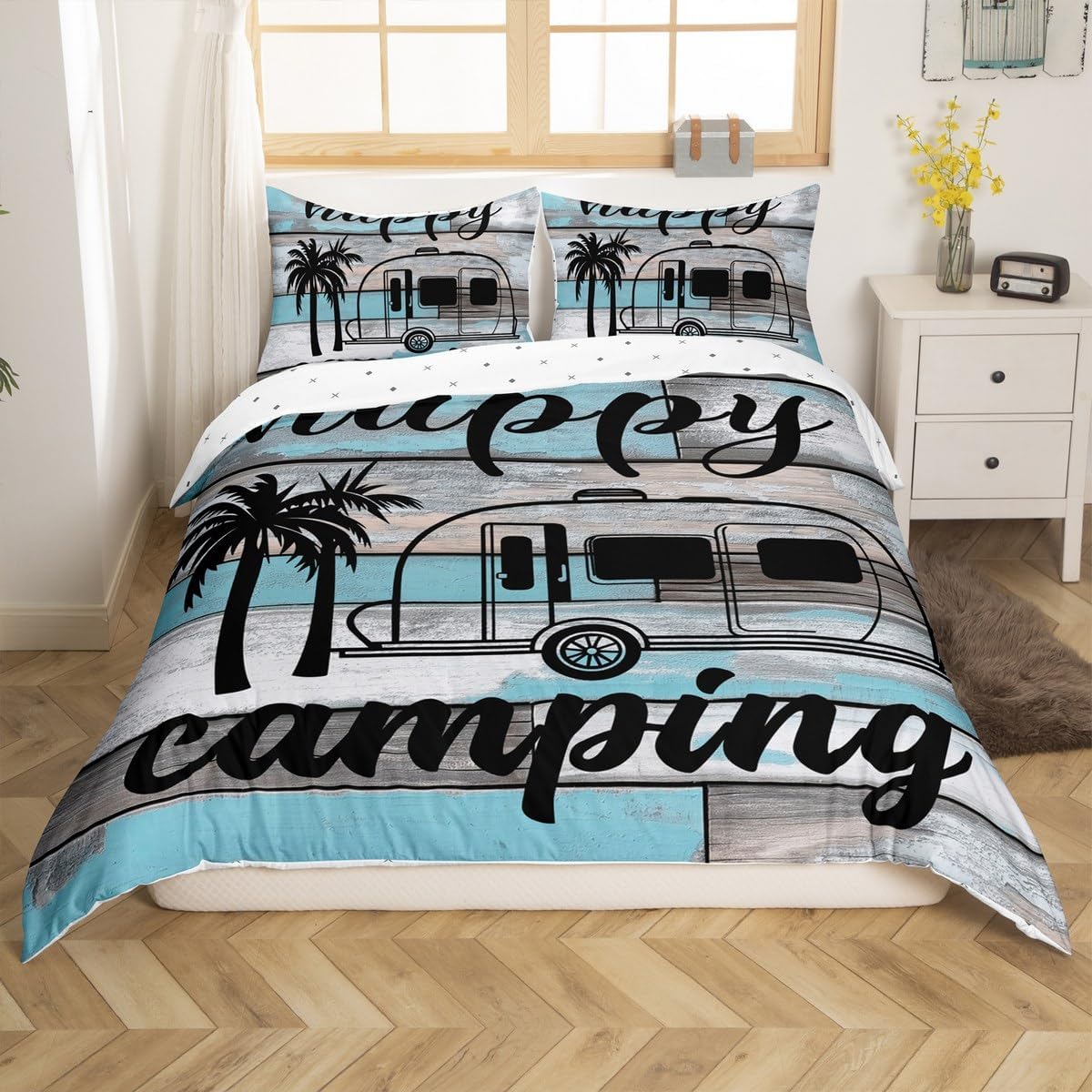 Camper Bedding Set Twin Happy Camping Comforter Cover Retro Rustic Farmhouse Bedding Summer Camp Car Duvet Cover For Kids Teen Adults Hawaii Holiday Palm Tree Quilt Cover 1 Pillow Case Rv Bed Decor