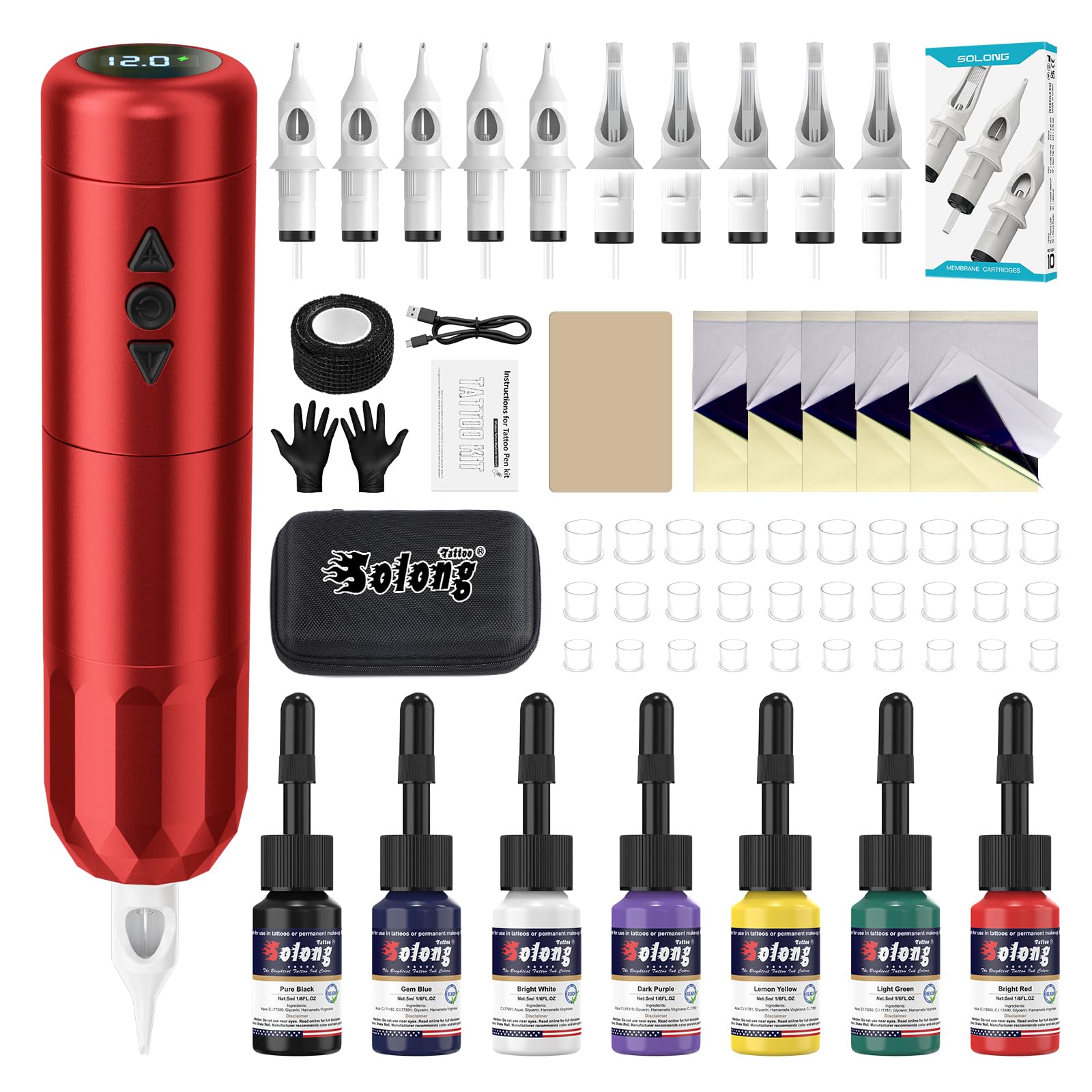 Solong Tätowierungsset, kabellos, mit LED-Display und 1400 mAh Akku, inklusive Tattoo-Tinte, Übungshaut und Bandagen für Anfänger SL-TKE79AEU-2
