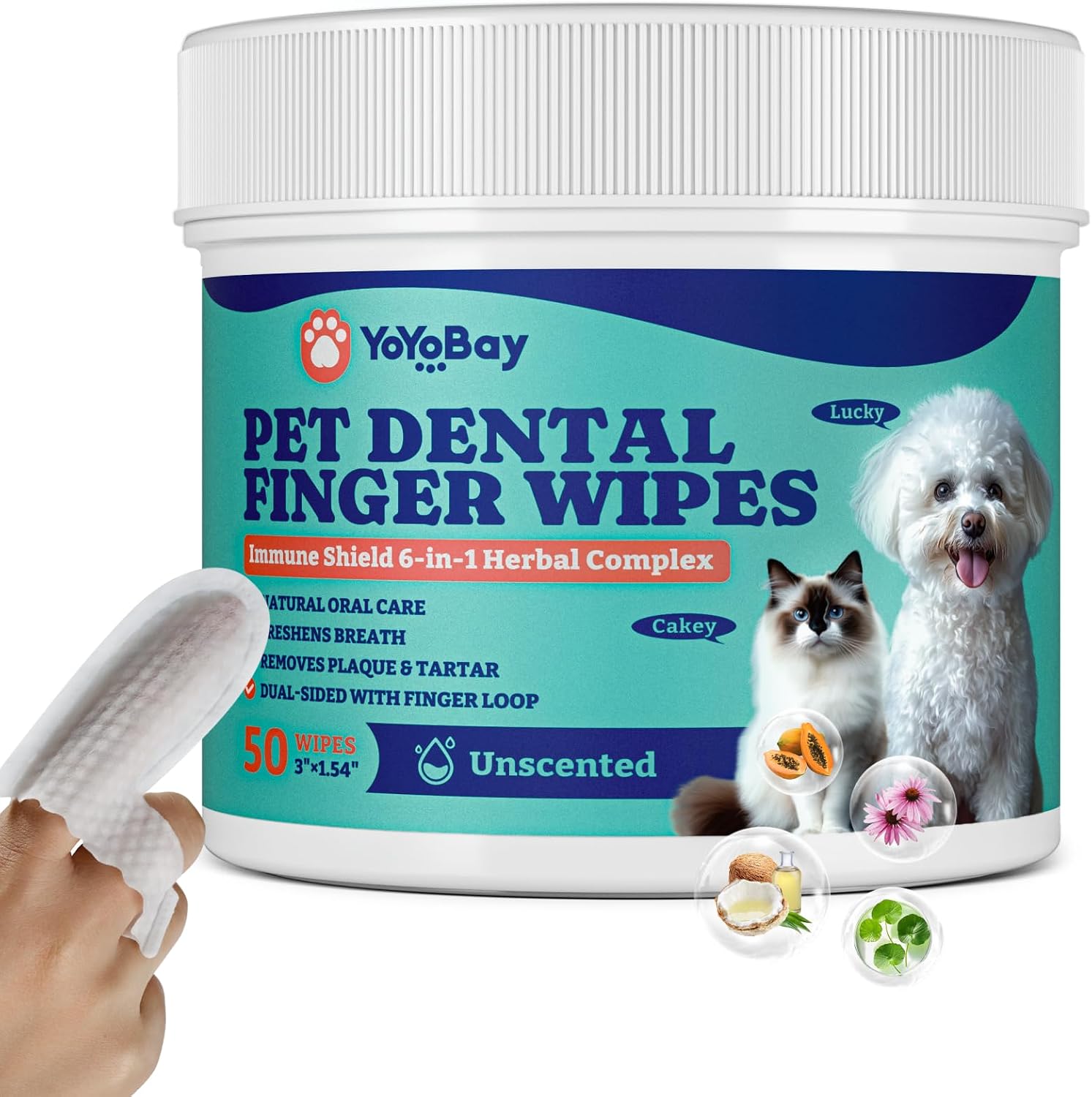 Dog Teeth Cleaning Wipes, Pet Finger Dental Wipes for Dogs & Cats, Dual-Sided, 6-in-1 Herbal Formula, Remove Plaque & Tartar, Freshen Breath, No-Rinse Toothbrushing Wipes – 50 PCS, Unflavored