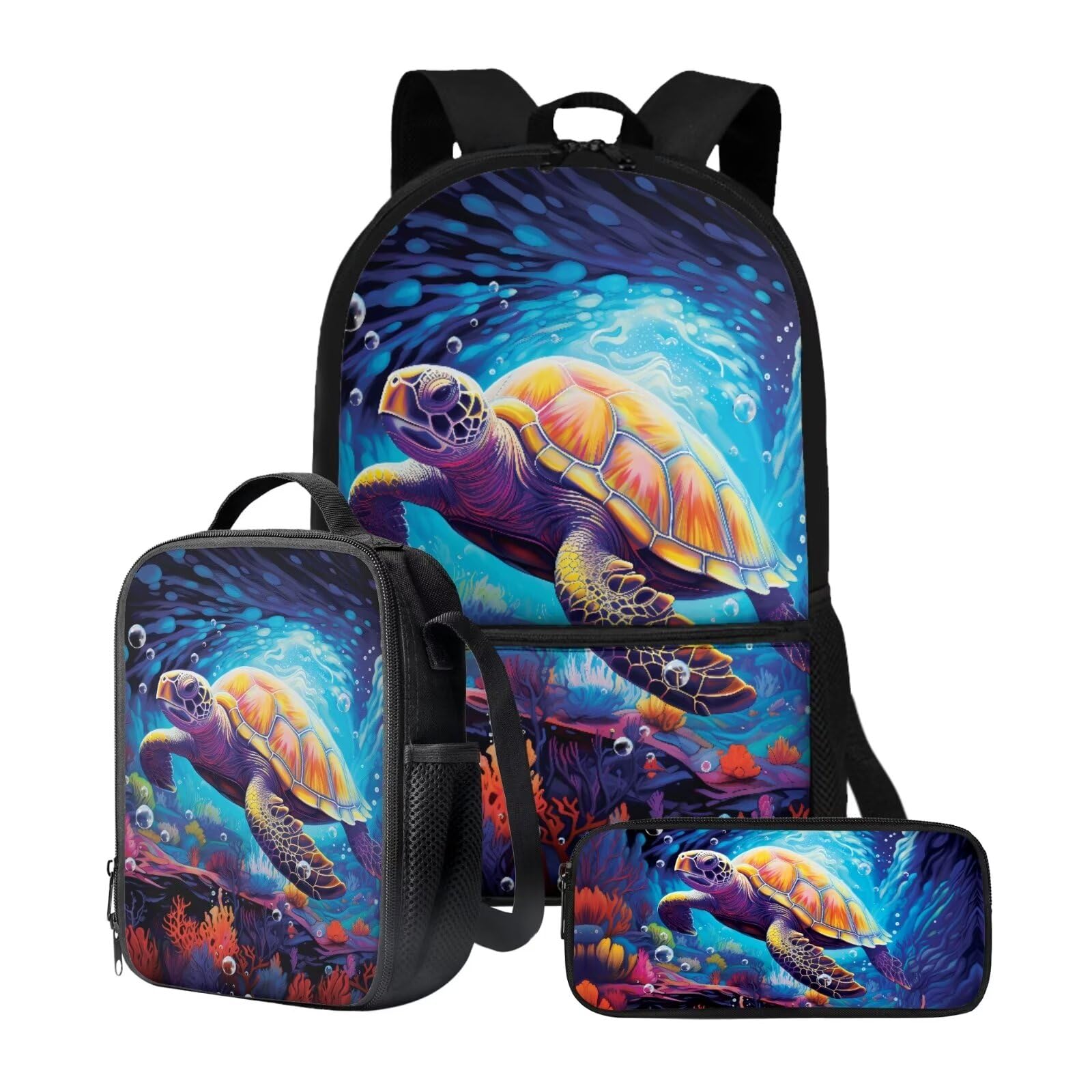 chaqlin Schulrucksack-Set für Kinder, Jungen, Schulranzen mit Lunchbox und Federmäppchen, 3-teiliges Set, Kinder-Büchertaschen, Kühltasche, Stifttasche, Meeresschildkröte, Kinderrucksack