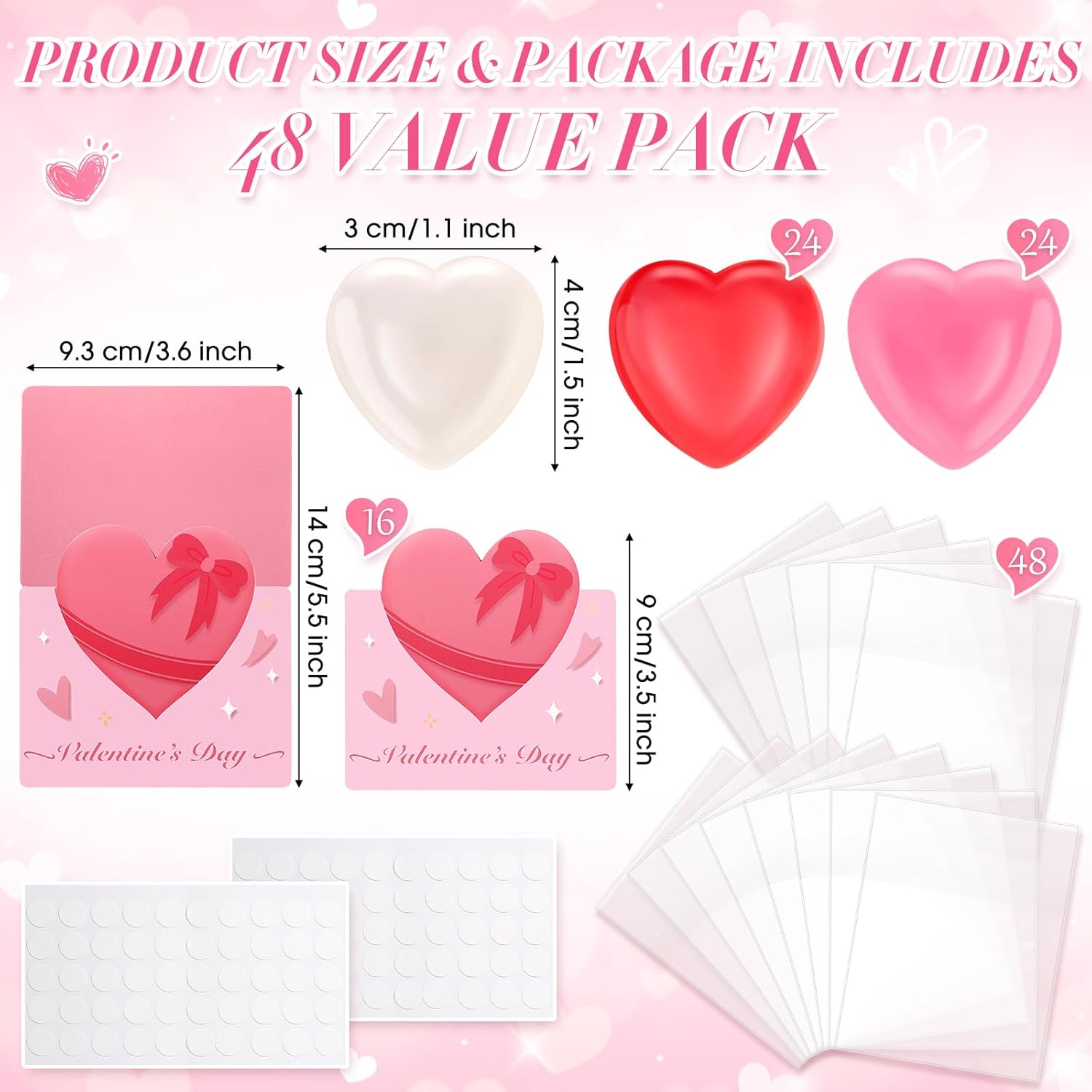 48 Pack Valentines Cards with Squeeze Heart Stress Ball Color Changing Fidget Sensory Squeeze Pink Greeting Cards Self-adhesive Bags Valentine's Gift Exchange Party Favors