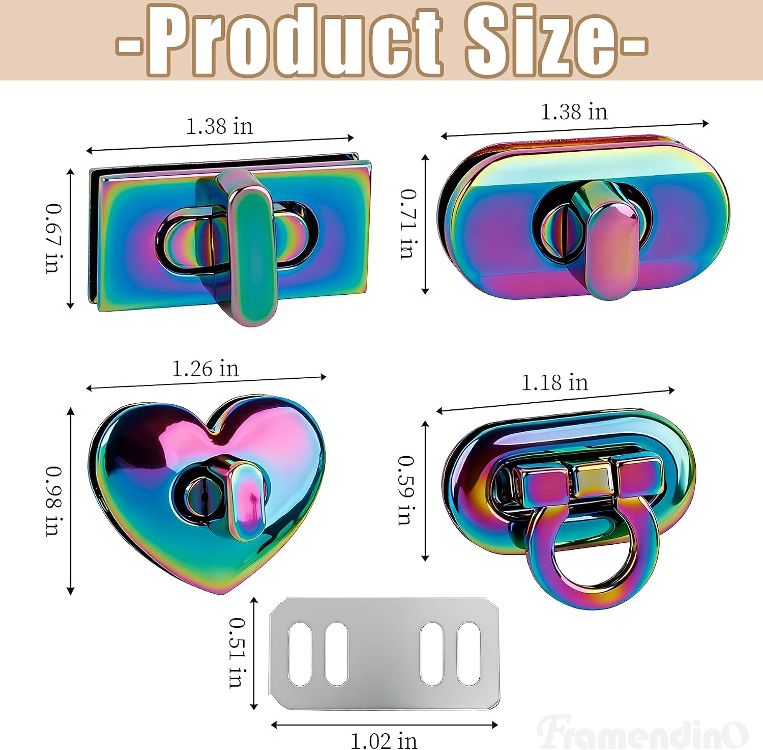 Framendino, 4 Pack Rainbow Color Twist Turn Lock Clasp Bag Closure Latches for DIY Handbag Purse Making