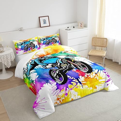 Miniatura 4 de Erosebridal Juego de ropa de cama teñido anudado, juego de edredón deportivo de motocross para niños y adolescentes, edredón de motociclista, arte