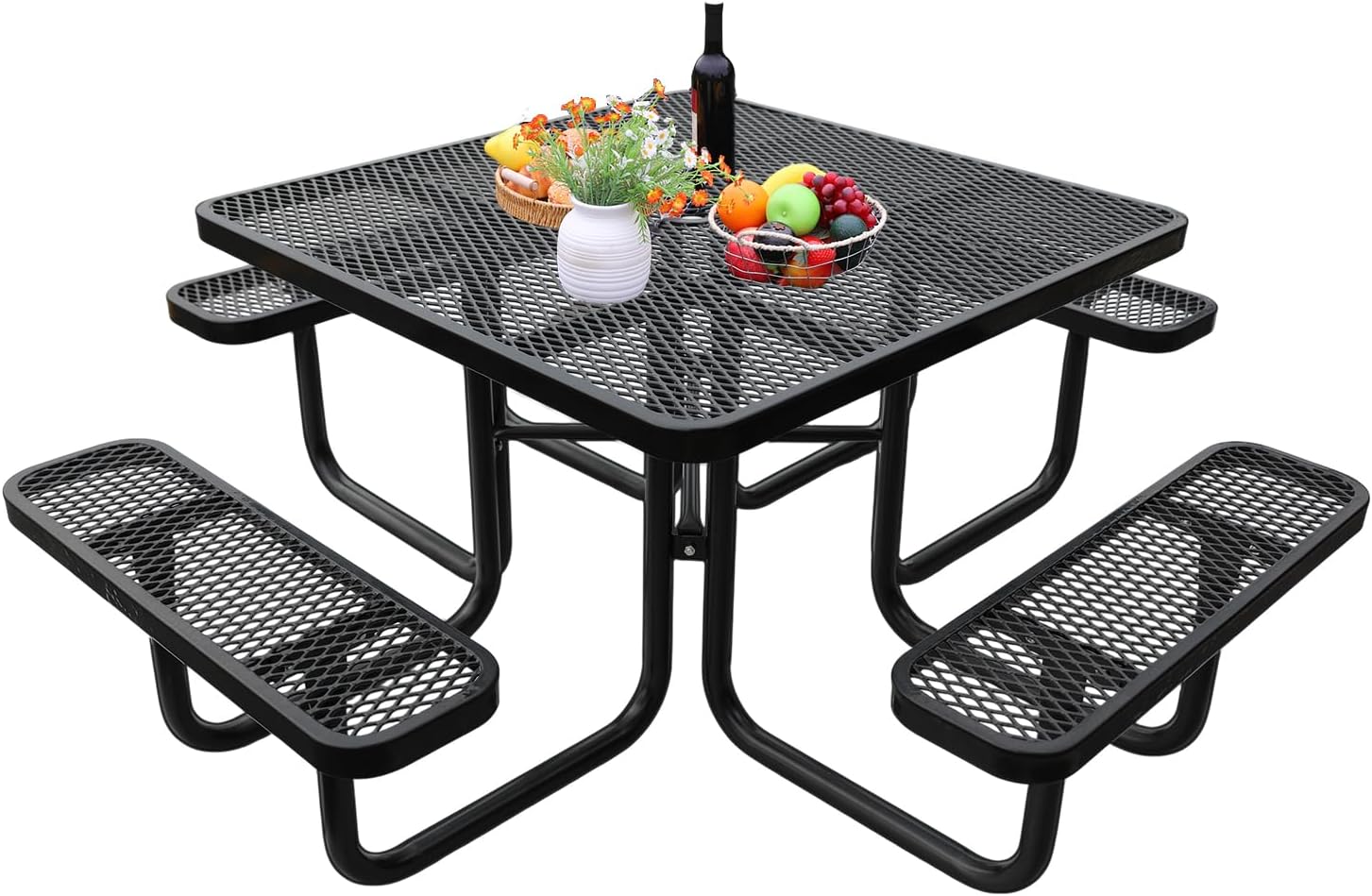 46-Inch Square Outdoor Picnic Table – Commercial Heavy-Duty Steel Dining Table with Thermoplastic Coating, Weather & Rust Resistant, Ideal for Parks, Patios, Schools, Campgrounds (Black)