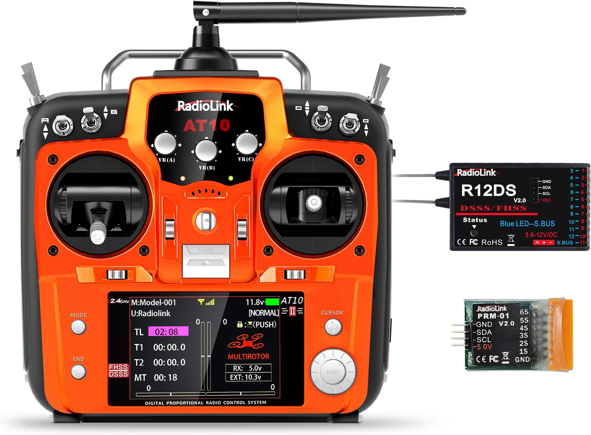 AT10II R12DS 12CH RC Transmitter and Receiver, Remote Control 2.4GHz Voltage Telemetry, Radio Control for RC Aircraft, FPV Racing Drone, Quad, Helicopter (Throttle on the Left, English Menu)