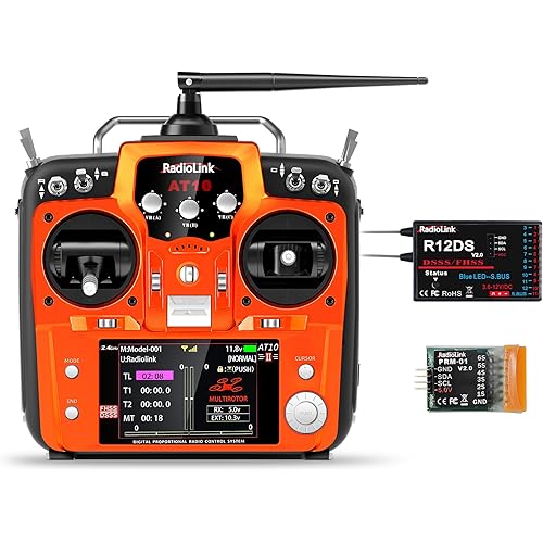 Radiolink AT10II 12 Channels RC Transmitter and Receiver R12DS 2.4GHz Radio Remote, Voltage Telemetry for RC Airplane, FPV Racing Drone, Quad, Helicopter, Car and Boat (Mode 2 Left-Hand Throttle)