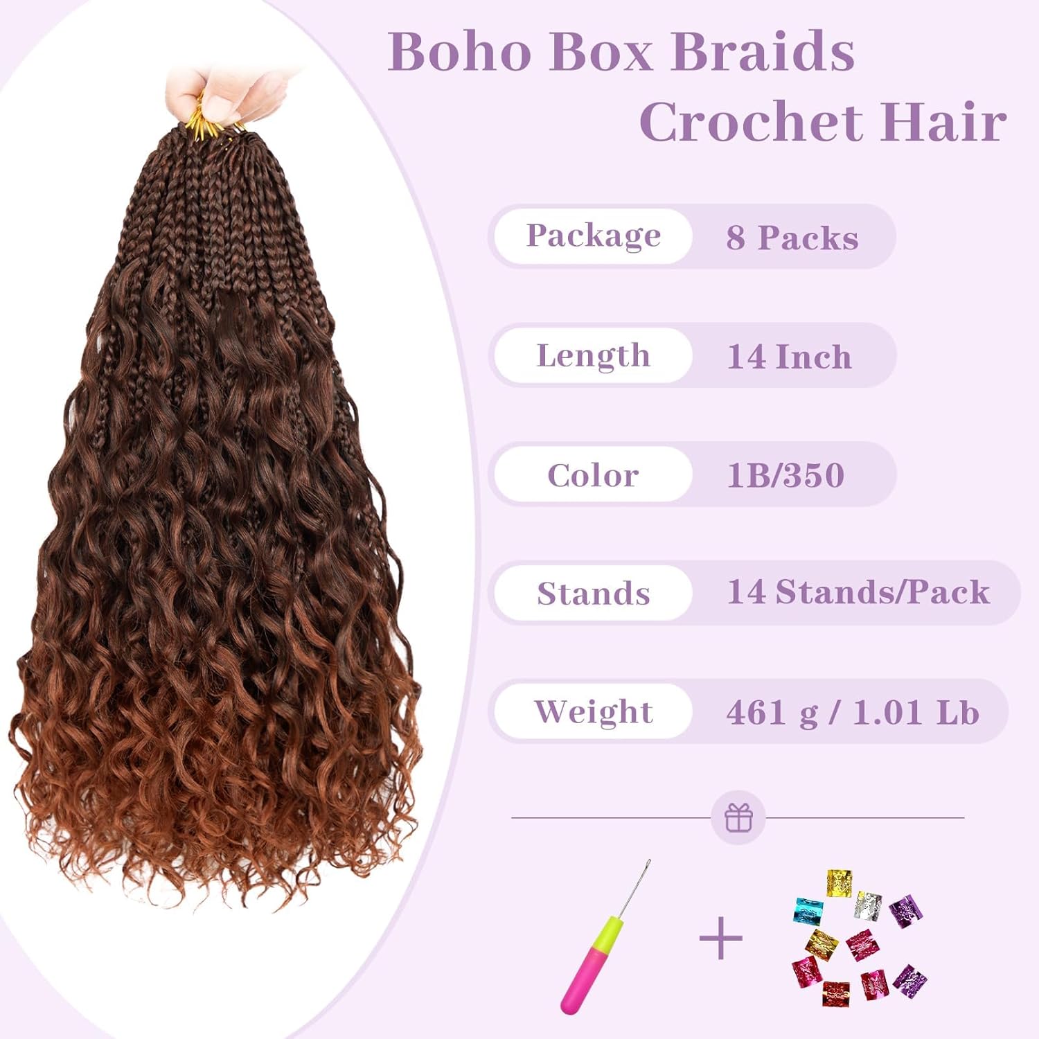 Boho Box Braids Crochet Hair 14 Inch, 8 Packs Goddess Box Braids Crochet Hair with Curly Ends, Pre Looped Bohemian Braids Synthetic Hair, Natural Looking Crochet Braids for Black Women (1B/350)