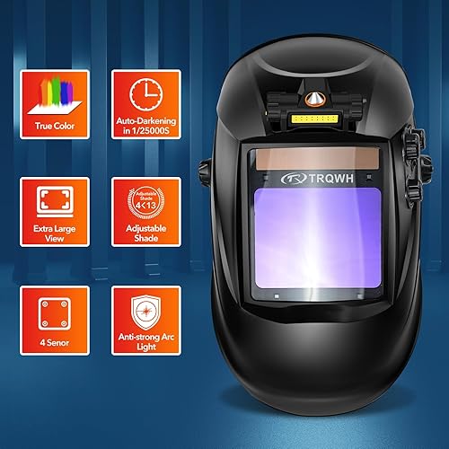 Miniatura 2 de Casco de soldadura con oscurecimiento automático, visión grande, 3.94 x 3.15 pulgadas, capucha de soldadura con luz LED, color verdadero 4 sensor de