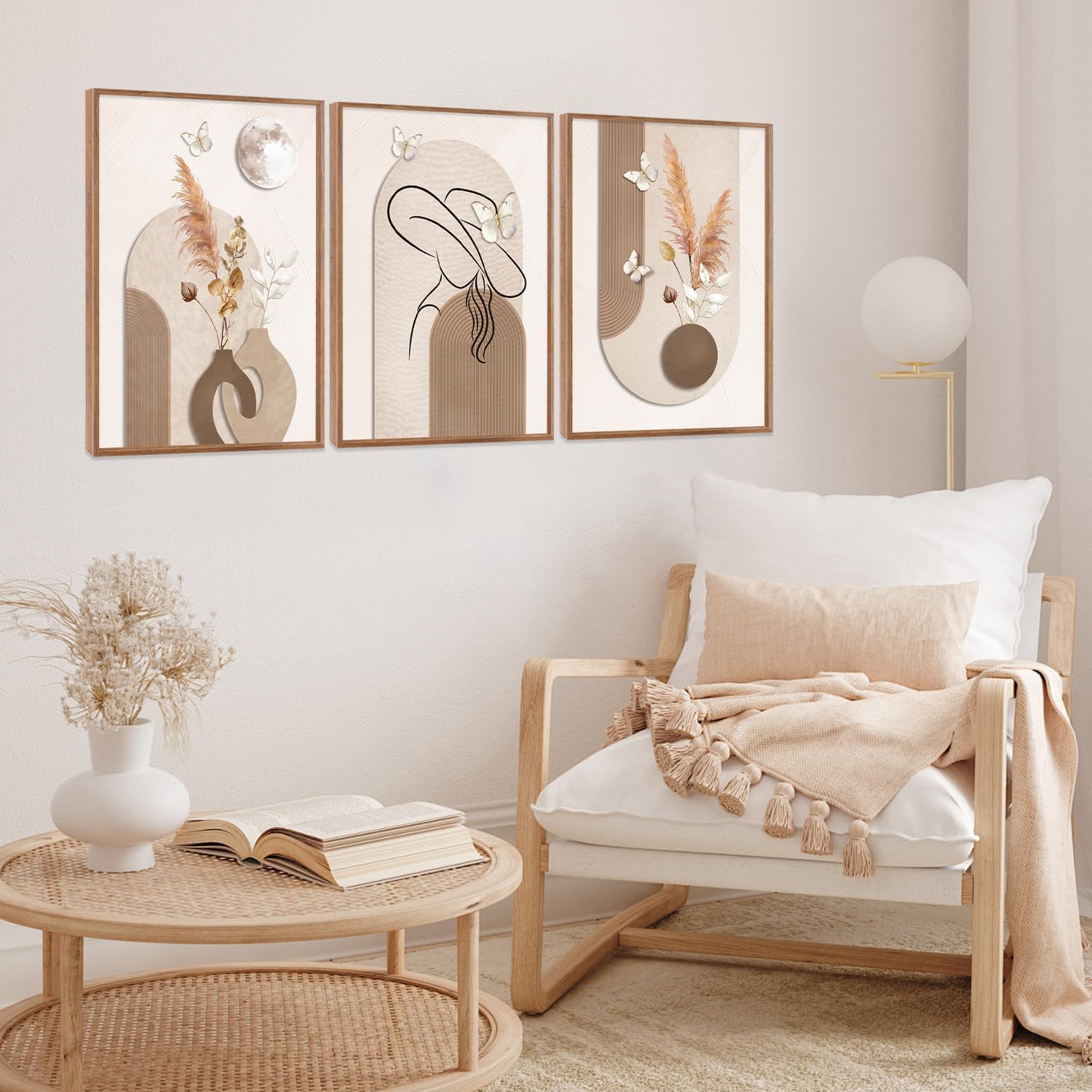 CHDITB Juego de cuadro boho de hierba de las Pampas, mariposa, arte de líneas minimalistas