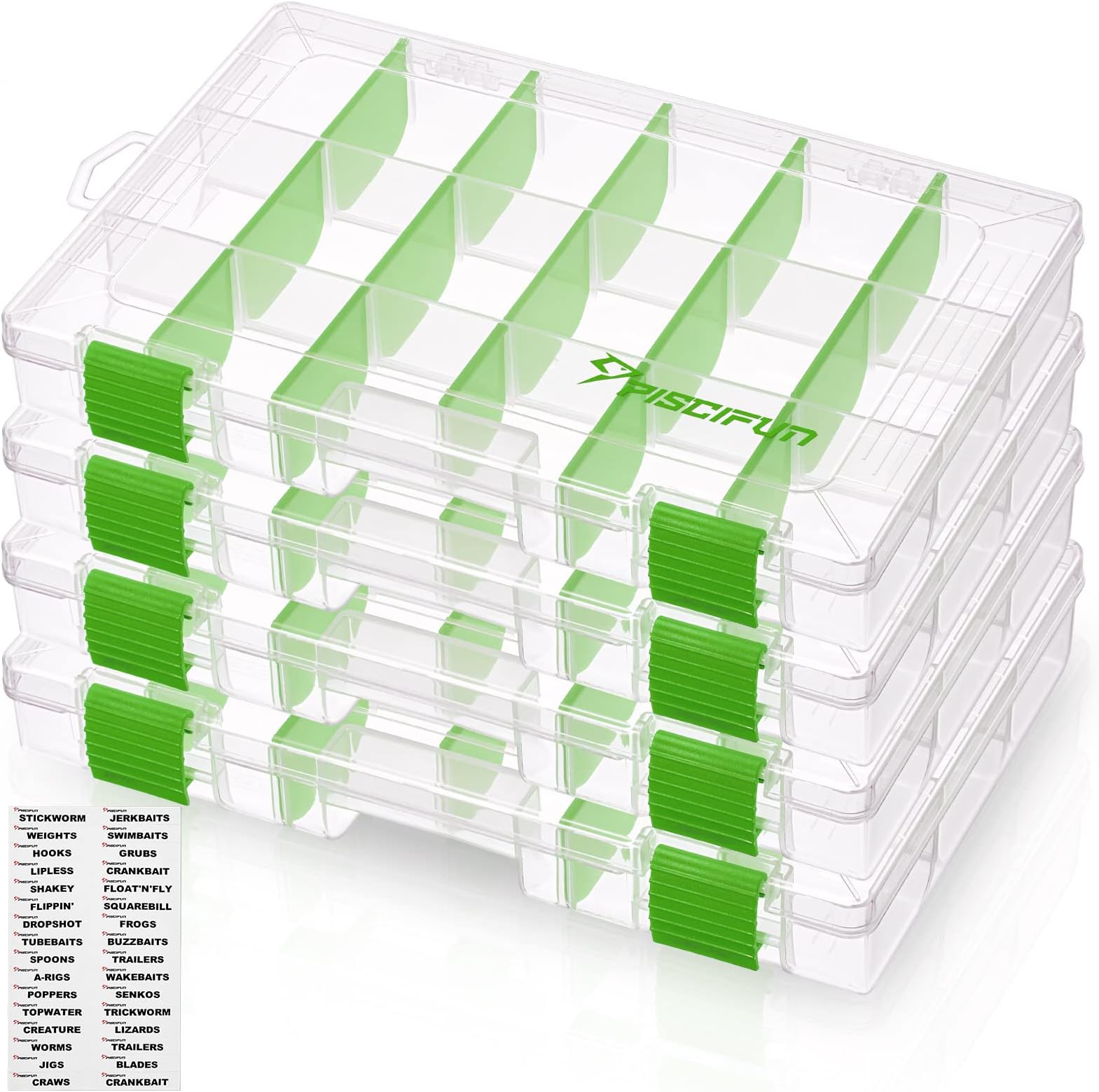 Piscifun Fishing Tackle Boxes, Tackle Trays with Waterproof Labels and Removable Dividers, 3600/3700 BPA-Free Plastic Clear Fishing Storage Organizer Boxes for Lures, 2 Packs/ 4 Packs