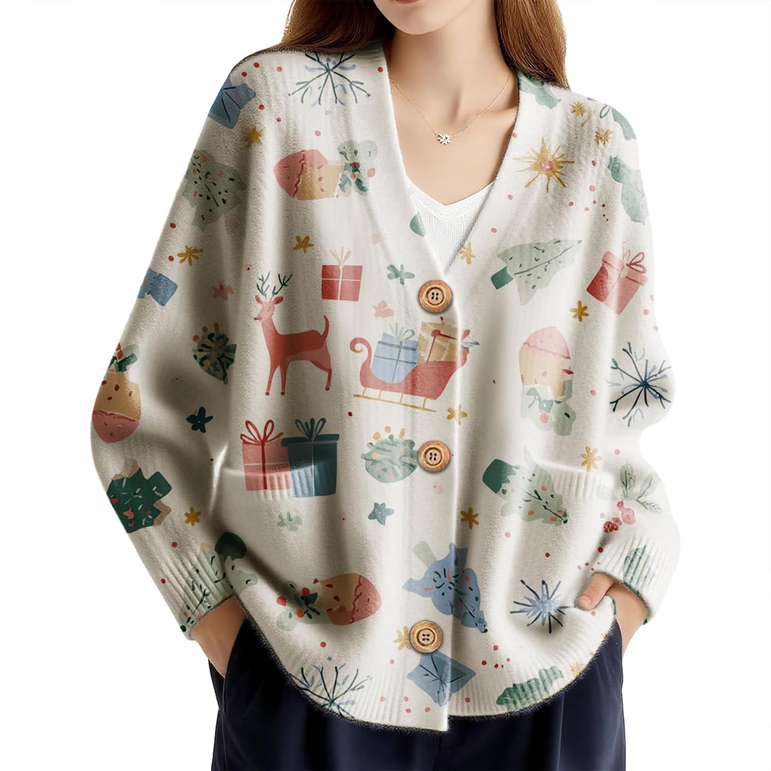 Oversized Cardigan Sweater for Women Button Down V Neck Floral Print Knitted Cardigans Soft Comfy Winter Outwear