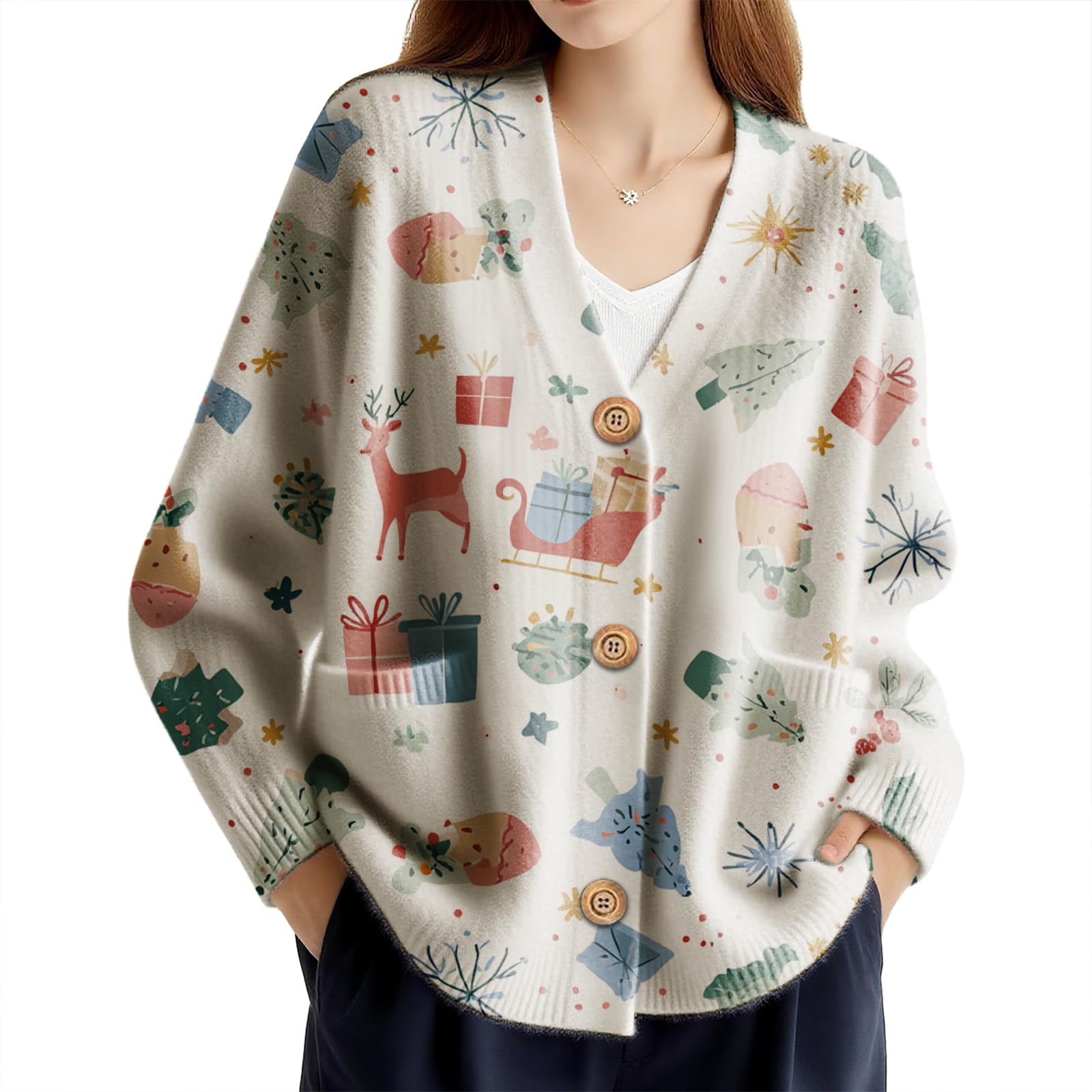 Oversized Cardigan Sweater for Women Button Down V Neck Floral Print Knitted Cardigans Soft Comfy Winter Outwear
