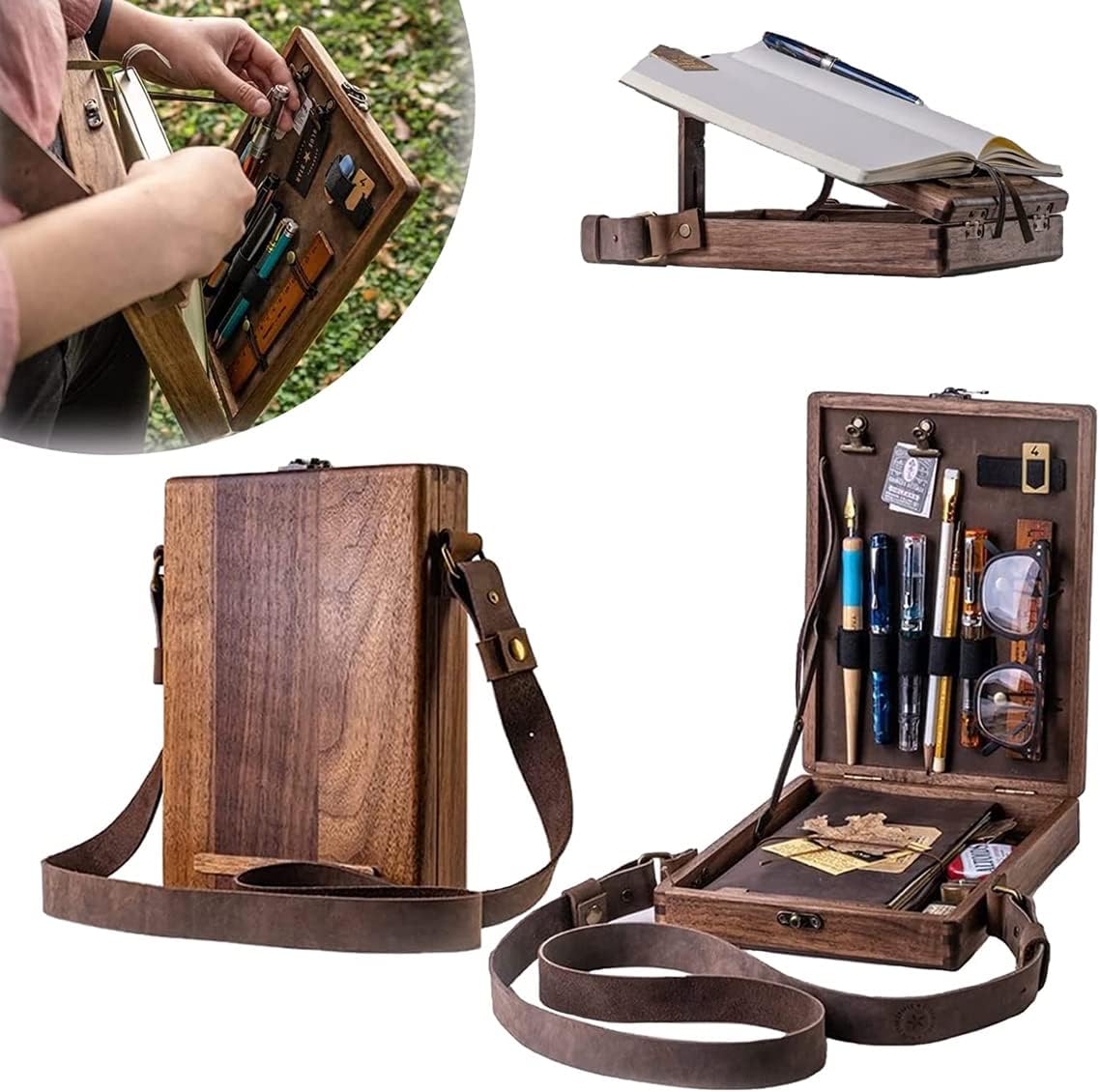 Writers Messenger Wood Box, Multi-Function Artist Tool and Brush Storage Box,Retro Wooden Handmade Portable Crossbody Postman Bag for Anyone That Just Loves Writing