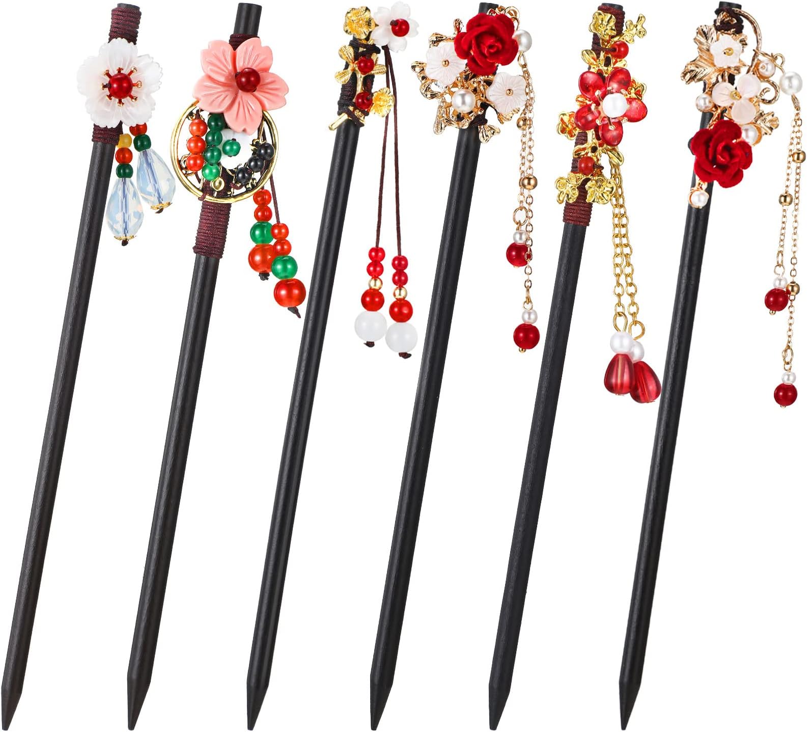 WILLBOND 6 Pcs Chinese Hair Chopsticks for Women Wooden Hair Accessories Japanese Floral Sticks Retro Tassel Flower Vintage Hairpins Handmade for Women Long Curly(Elegant Style)