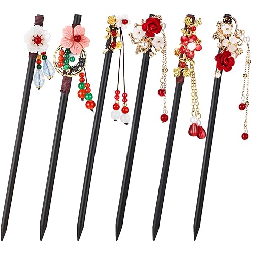 6 palillos de madera china para el cabello, palillos japoneses vintage con borlas, horquillas de flores retro, horquillas de madera hechas a mano,