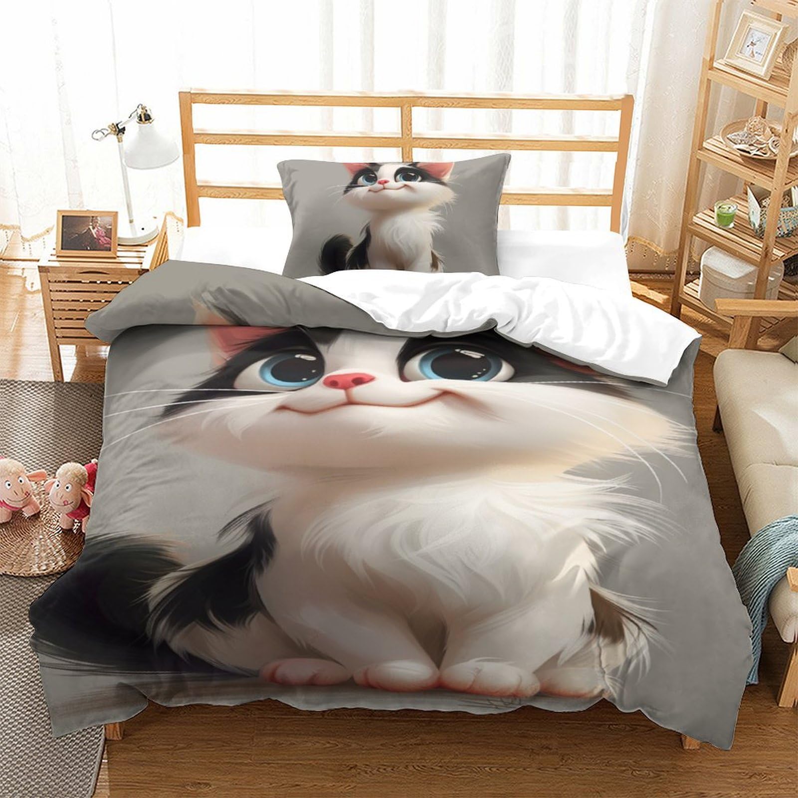 Housse de couette chat 3D 135x200 parure de lit microfibre avec taie d'oreiller pour lit simple