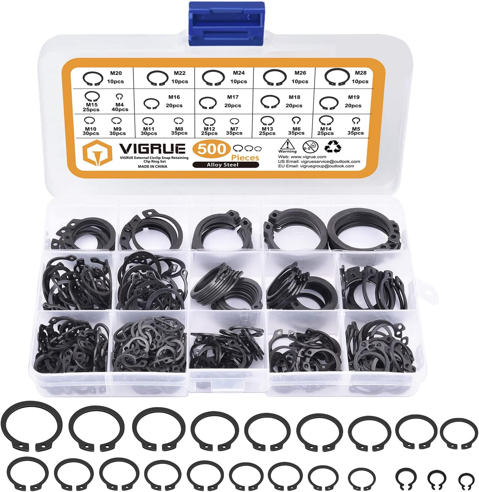 VIGRUE 500Pcs Snap Ring Shop Assortment Alloy Steel External Circlip Snap Retaining Clip Rings Set, M4-M28, 21 Different Sizes