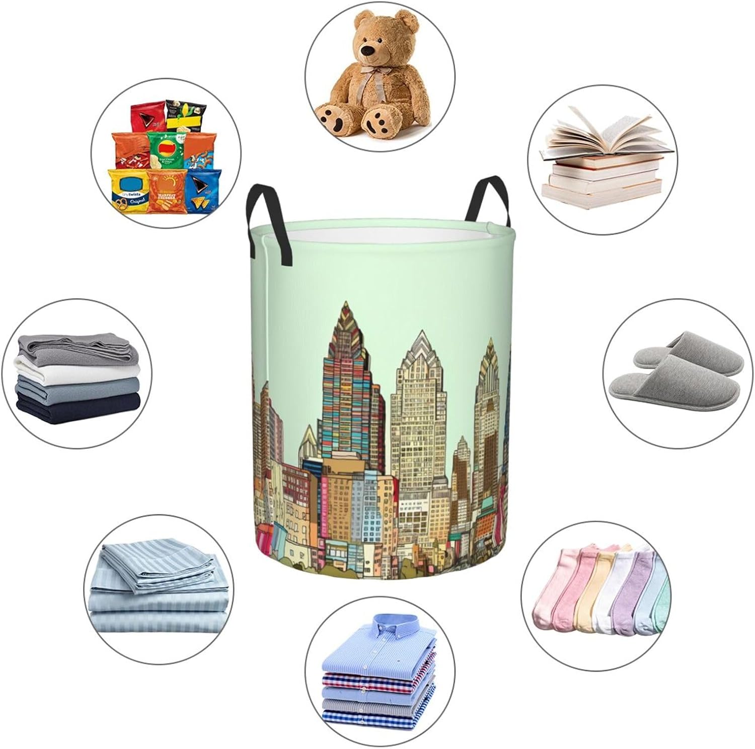 Austin Texas print Circular Hamper Waterproof Storage Bin Organizer Basket Laundry Hamper With Handles For Clothes Toys Small