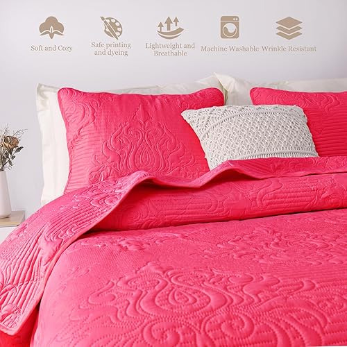 Miniatura 4 de Whale Flotilla Juego de edredón de 3 piezas tamaño Queen, suave y reversible en relieve, colcha ligera con patrón de damasco bohemio para todas las