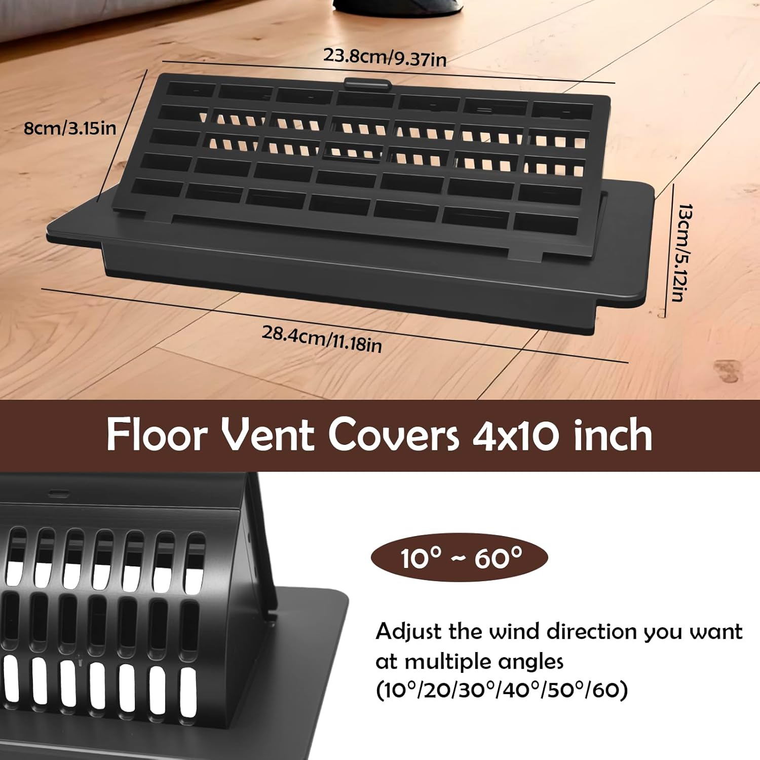 2-in-1 Walkable Floor Vent Deflector & Floor Vent Covers - 4x10 Inch,Tool-Free Install for Adjustable Airflow, Black Air Vent Cover (2-Pack) for Home & Office