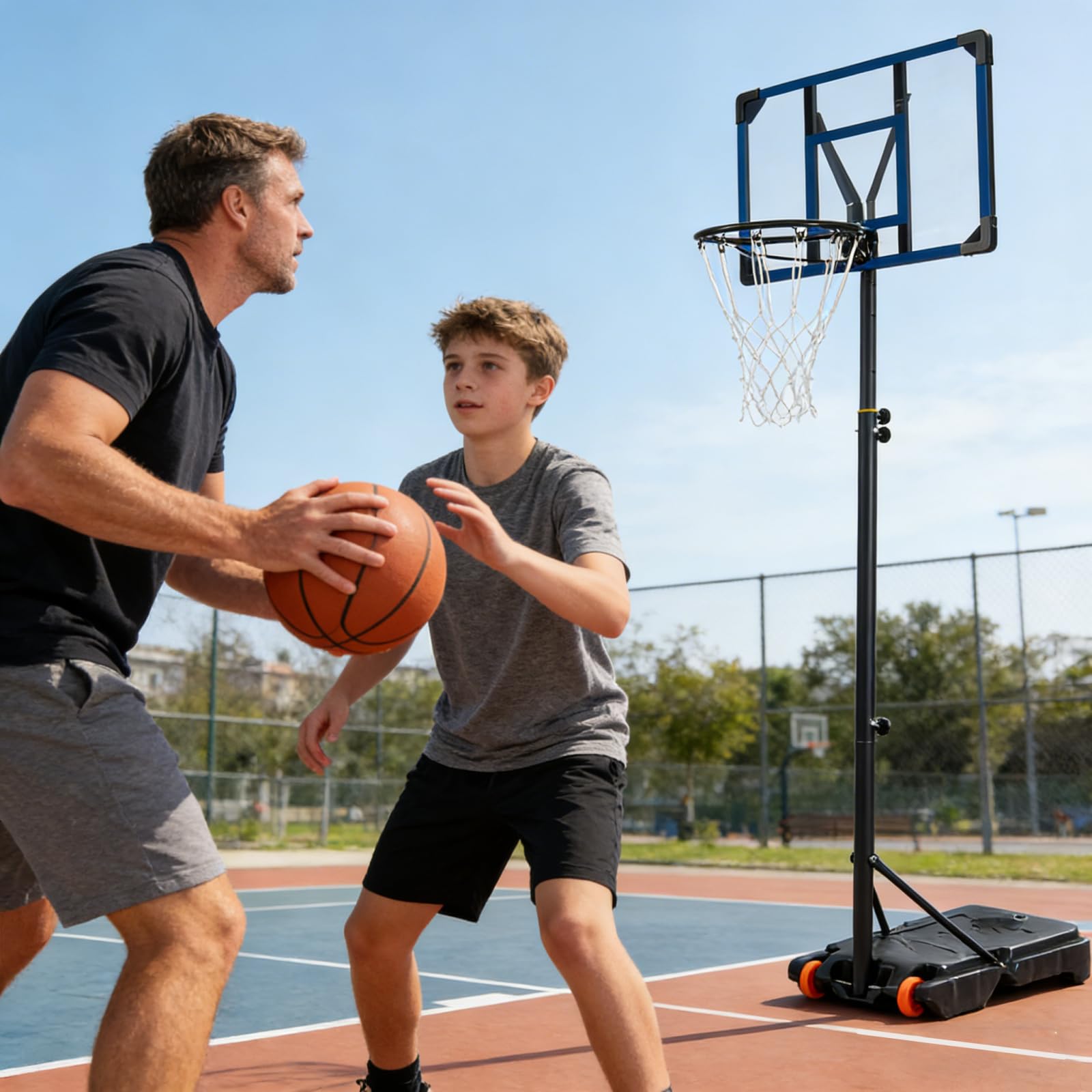 LIFEZEAL Cestino da basket portatile, altezza regolabile, cestino da basket con supporto, tubo centrale rimovibile e ruote, supporto da basket con base 32 l per esterno