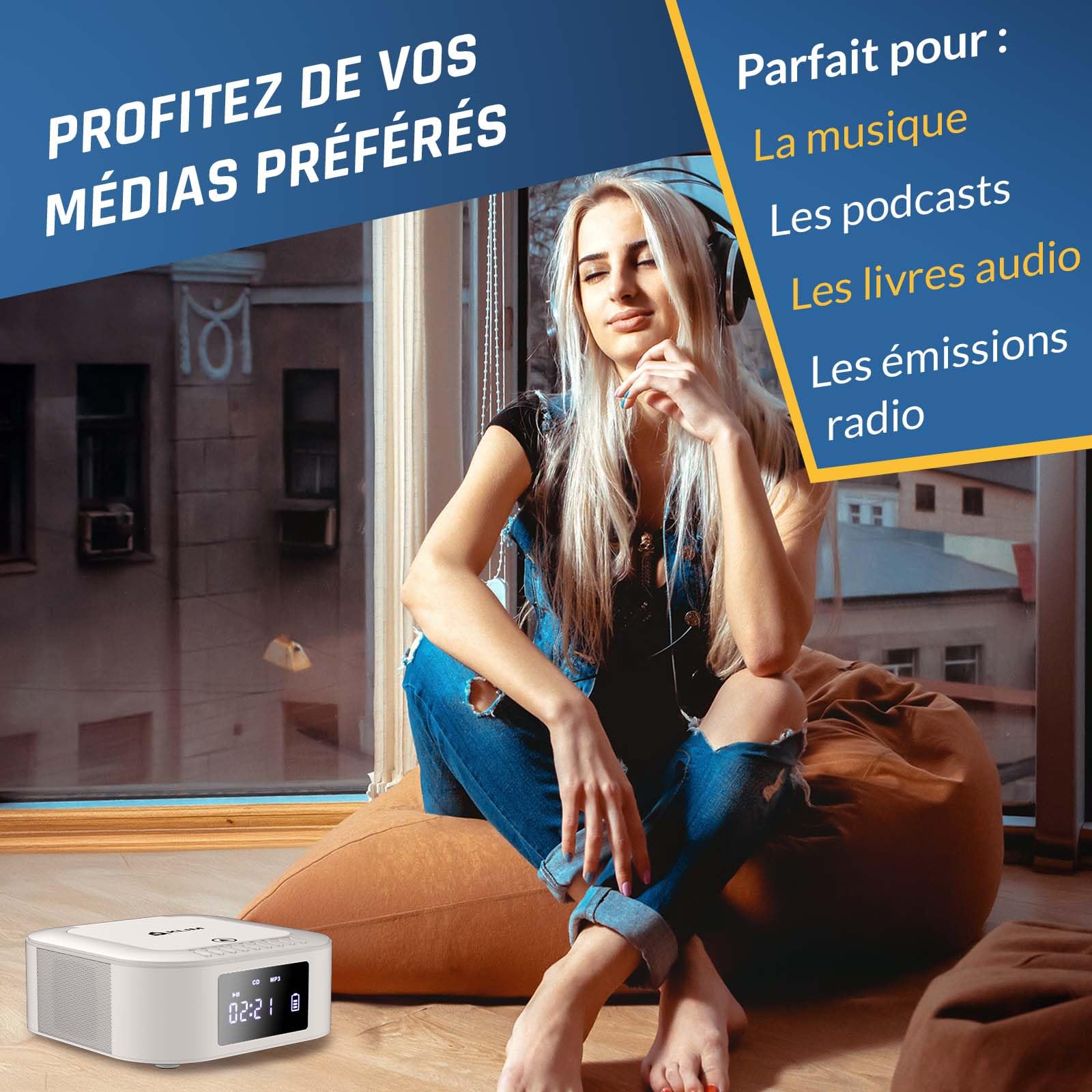 KLIM Boombox E1 - Poste Radio CD Portable - Extra Bass avec Subwoofer - Radio FM, CD, Bluetooth, USB, Bluetooth, MP3 - Mode Filaire et sans Fil avec Piles Rechargeables - Télécommande - Blanc