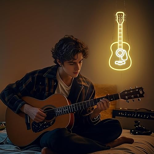 Miniatura 3 de Luz de neón de guitarra acústica, luz LED regulable de pared de neón con alimentación USB, decoraciones para dormitorio, sala de estar, estudio de