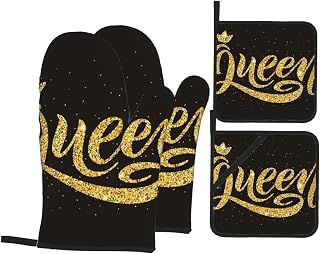 Queen Word with Crown Golden Glitter Calligraphy Fun Design Oven Gloves and Pot Handle Cover, 4-Piece Set of Kitchen Baking Accessories, Suitable for Grilling and Baking