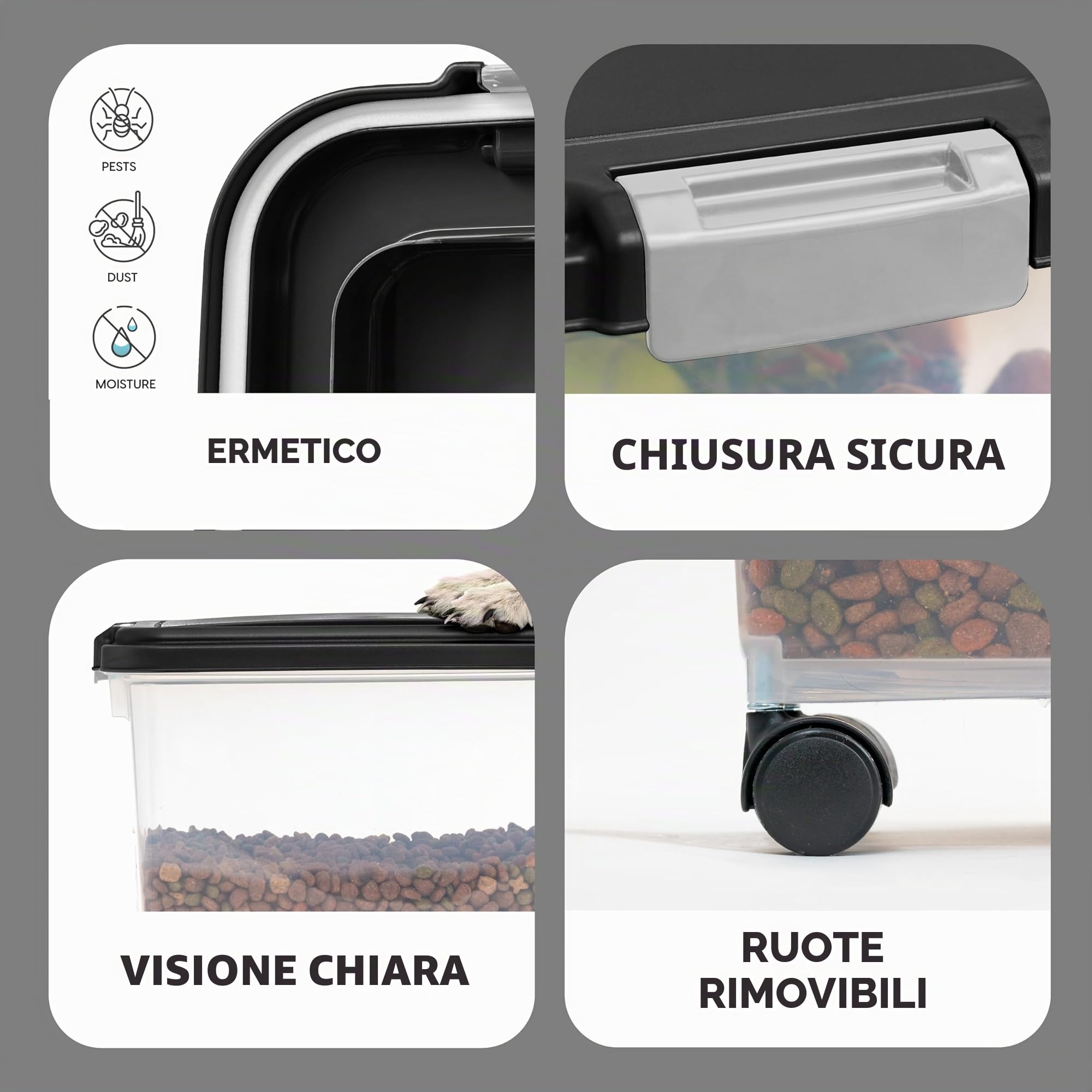 Iris Ohyama, Contenitore per Crocchette Ermetico, 30L/11kg, Nero, Ermetici, Plastica, con Coperchio, Per Cibo per Gatti, Cani, Cibo secco, Crocchette, Dolci, MP-8