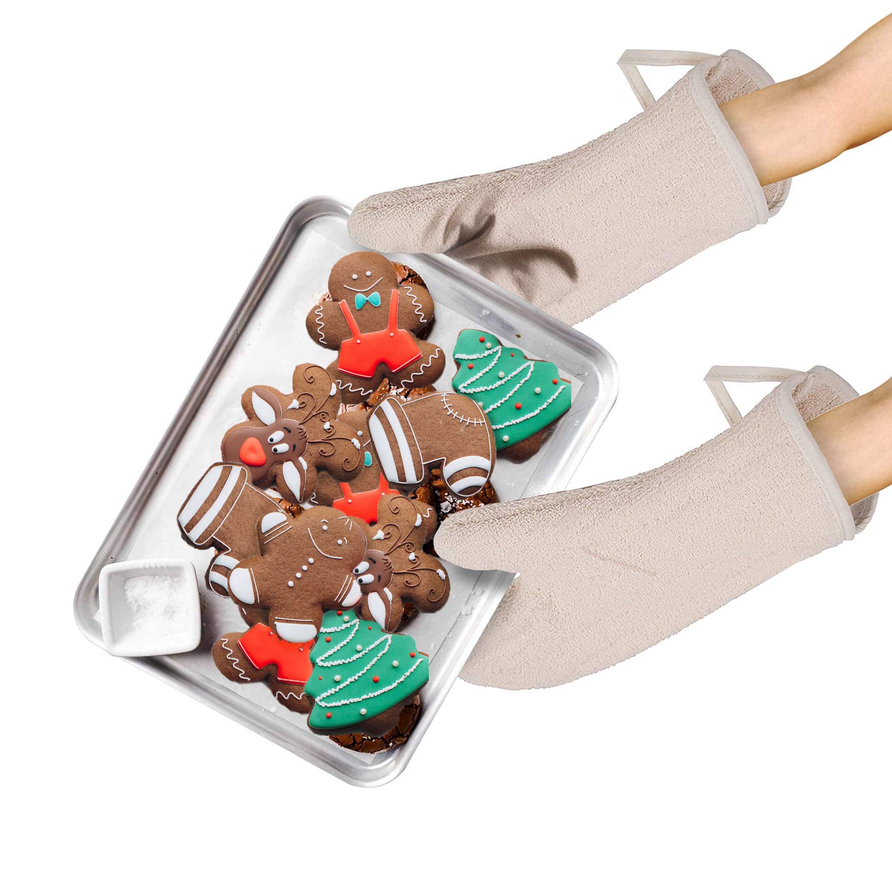 ABC Pack & Supplyof 6 Terry Cloth Mitts 13". Industrial Oven Mitts for Heat Care. Heat Resistant Potholders for Baking, Frying, Grilling. Thermal Hand Arm Care. Natural Color.