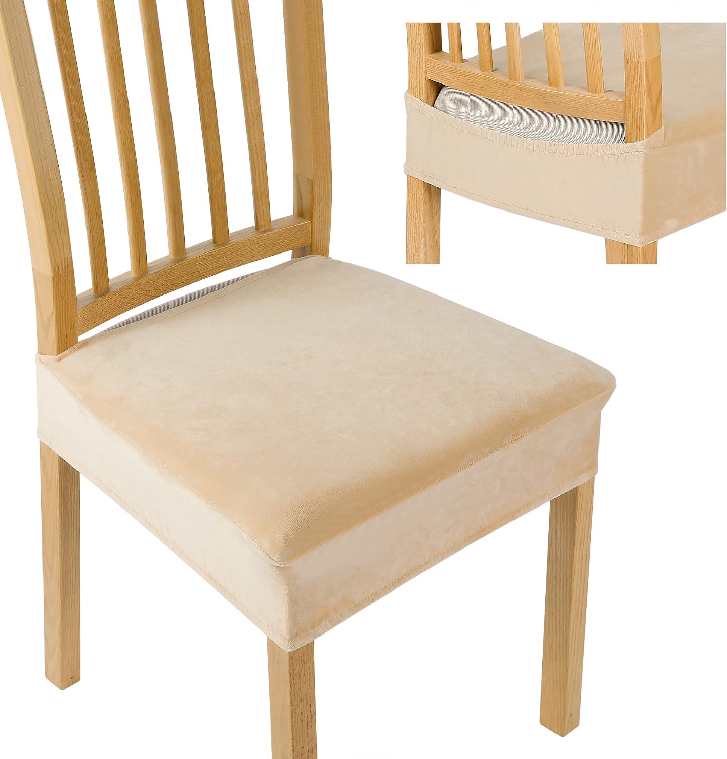 smiry Original Velvet Chair Seat Covers, Removable Washable Anti-Dust Chair Seat Protector Slipcovers for Dining Room, No Rear Covers - Set of 6, Beige