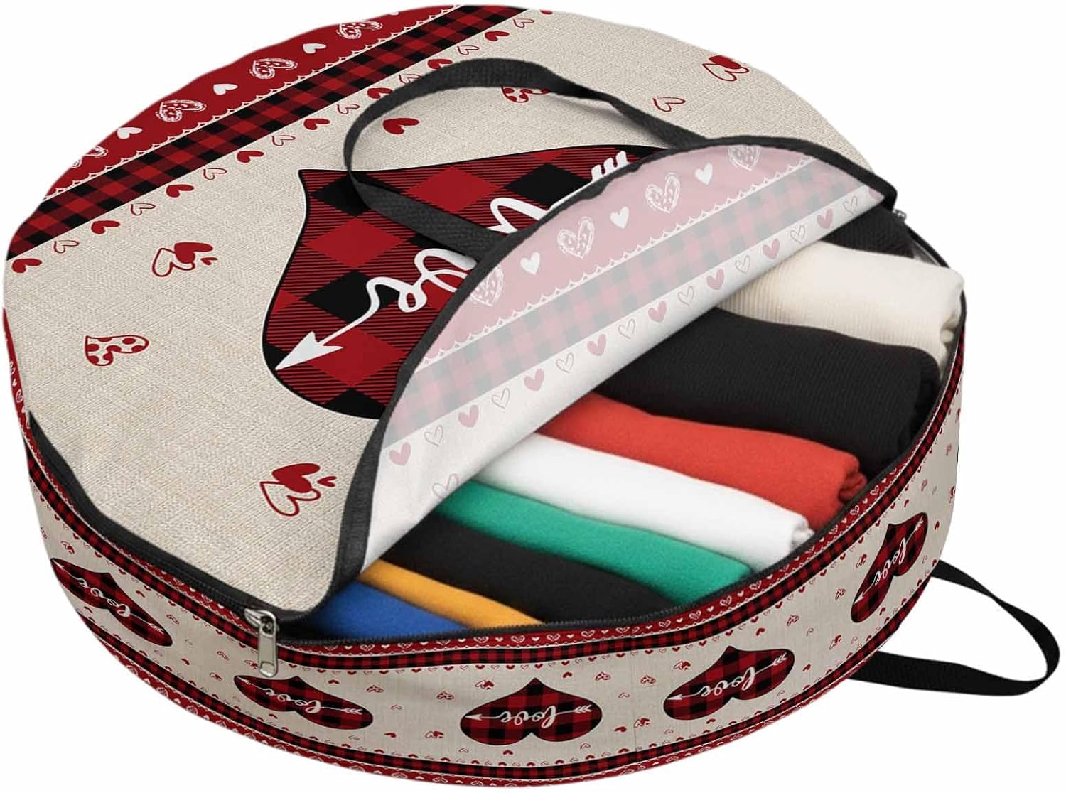 Love Heart Round Storage Bag 36 Inch, Black and Red Buffalo Plaid Clothes Storage Container with Handles Heavy Duty Organizer for Comforter, Bedding & Holiday Wreaths
