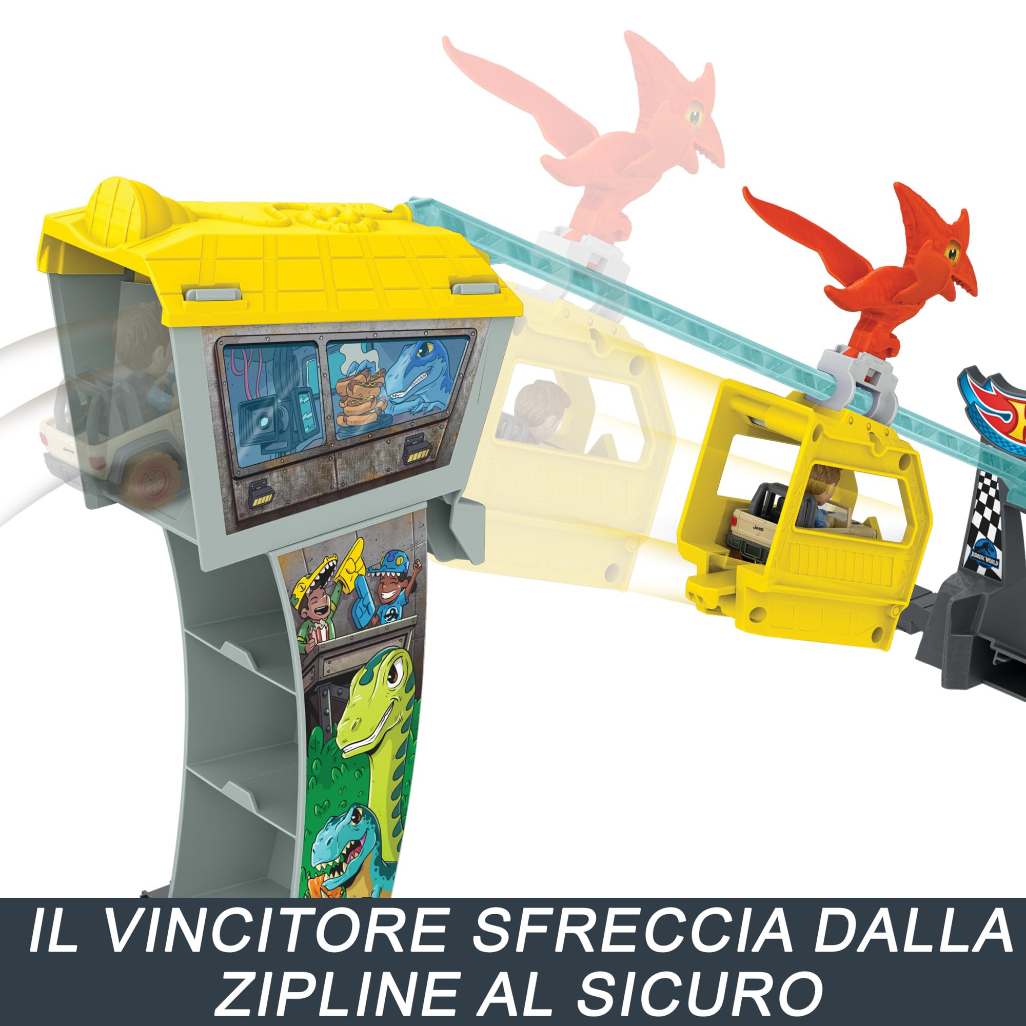 Hot Wheels RacerVerse - Pista Corsa del Velociraptor Blue, playset Isola di Jurassic World con 2 macchinine da corsa e i piloti Blue il velociraptor e Owen, giocattolo per bambini, 4+ anni, HTP12